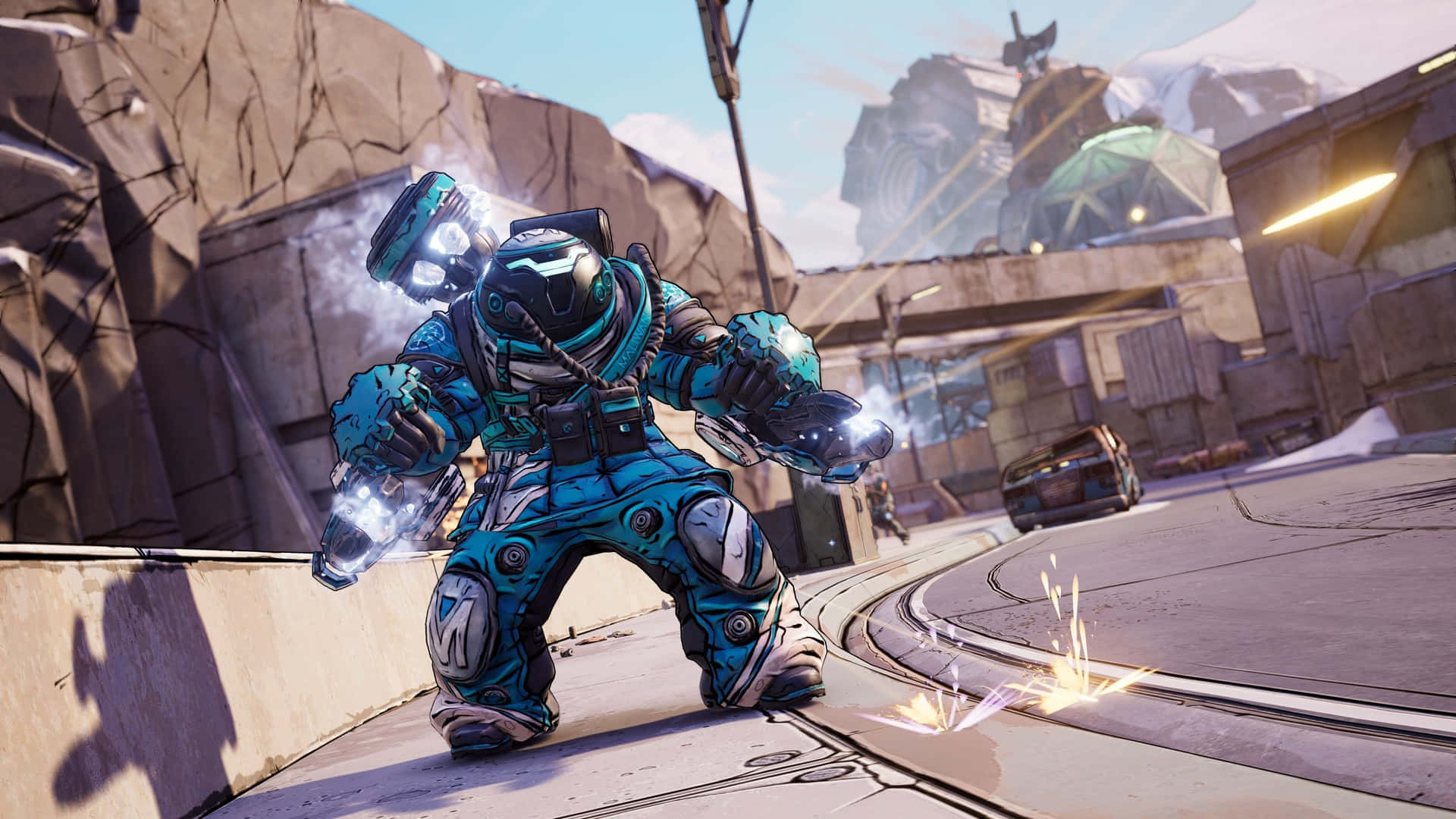 Best Borderlands 3 桌布 壁紙 — 一名未來風格的藍色裝甲士兵在陽光普照的科幻城市峽谷中準備就緒，手持發光武器，火花四濺。