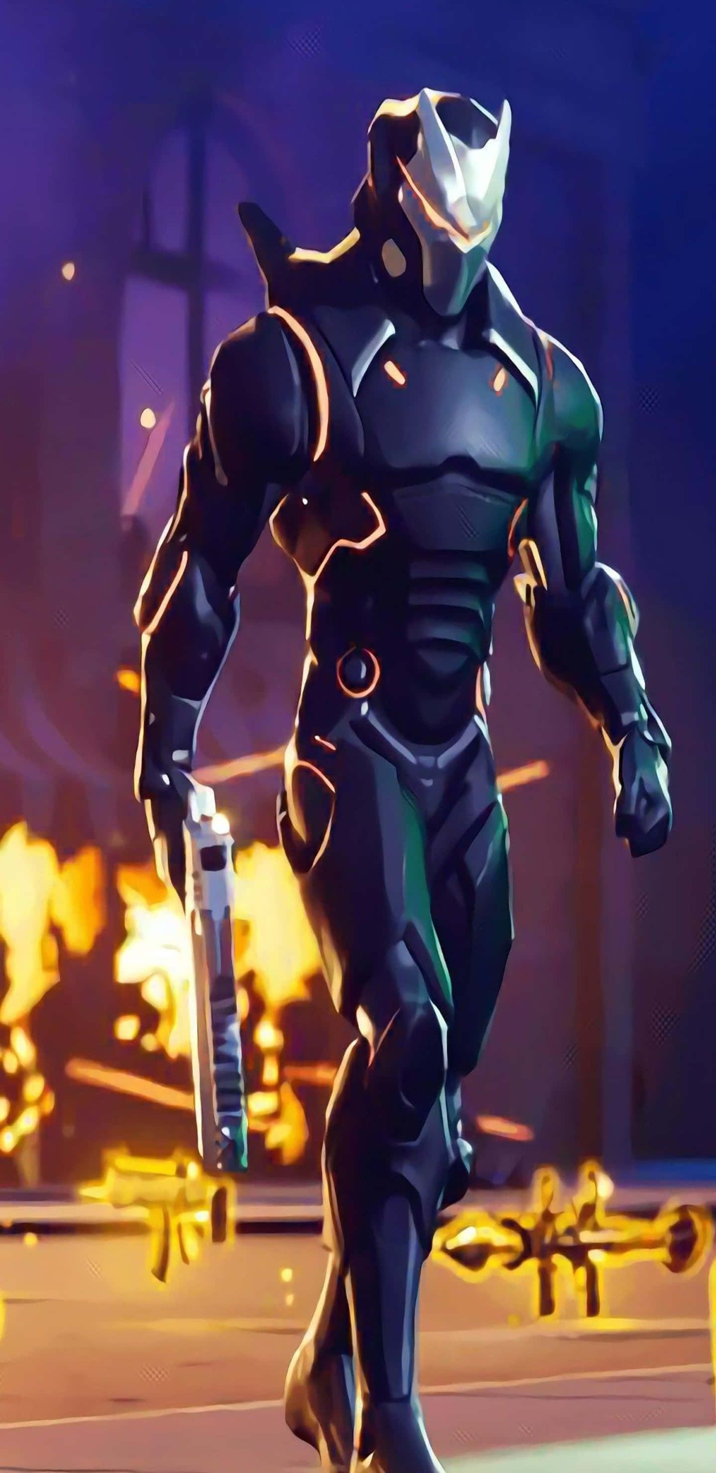 Fortnite 桌布 壁紙 — 一名未來風格的裝甲戰士，帶有發光的橙色點綴，手持手槍，在火熱的城市背景下向前邁進。