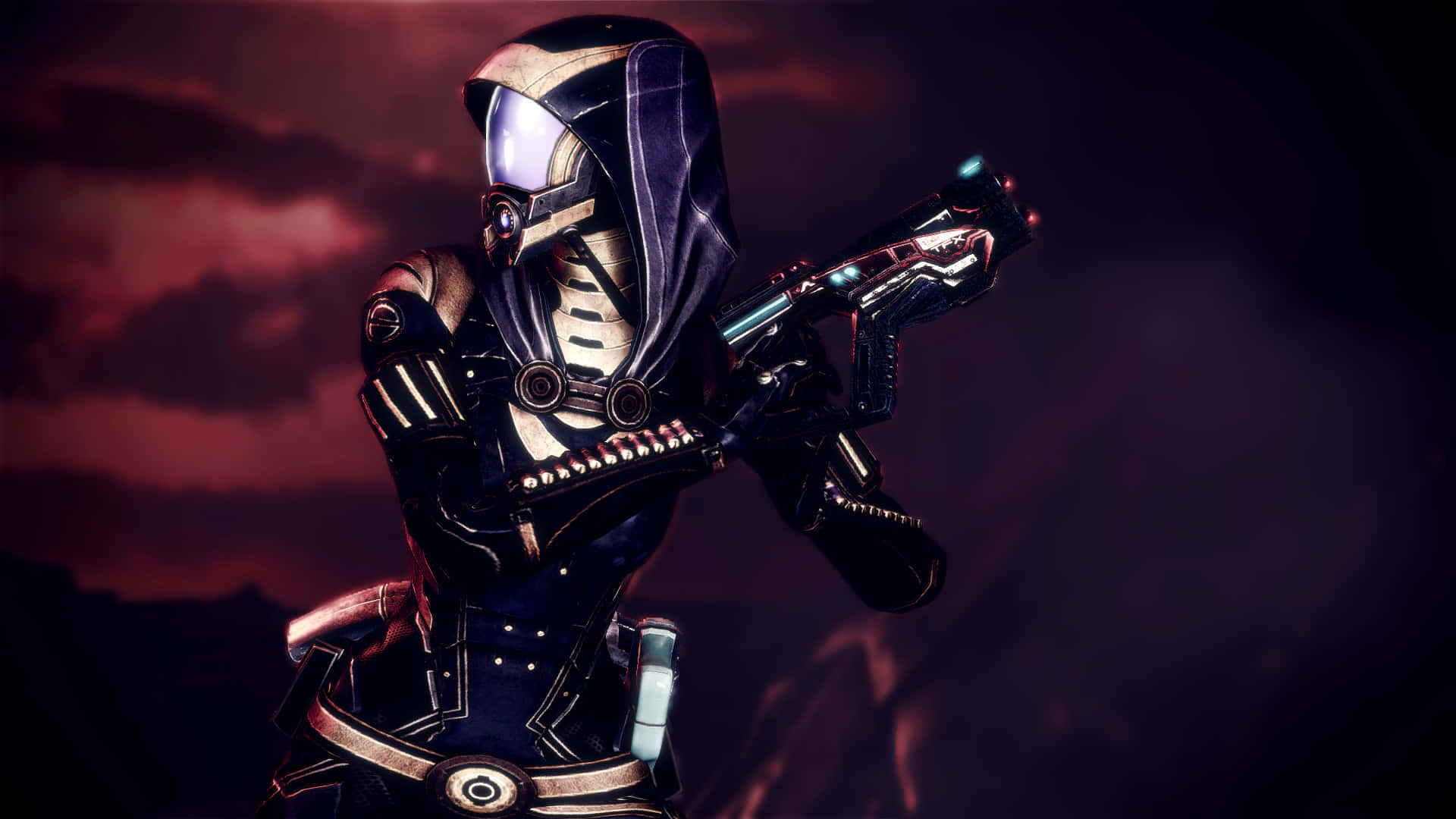 Tali'zorah 桌布 壁紙 — 一名未來風格的裝甲戰士，戴著發光面罩，手持高科技武器，背景是戲劇性的紅色天空。