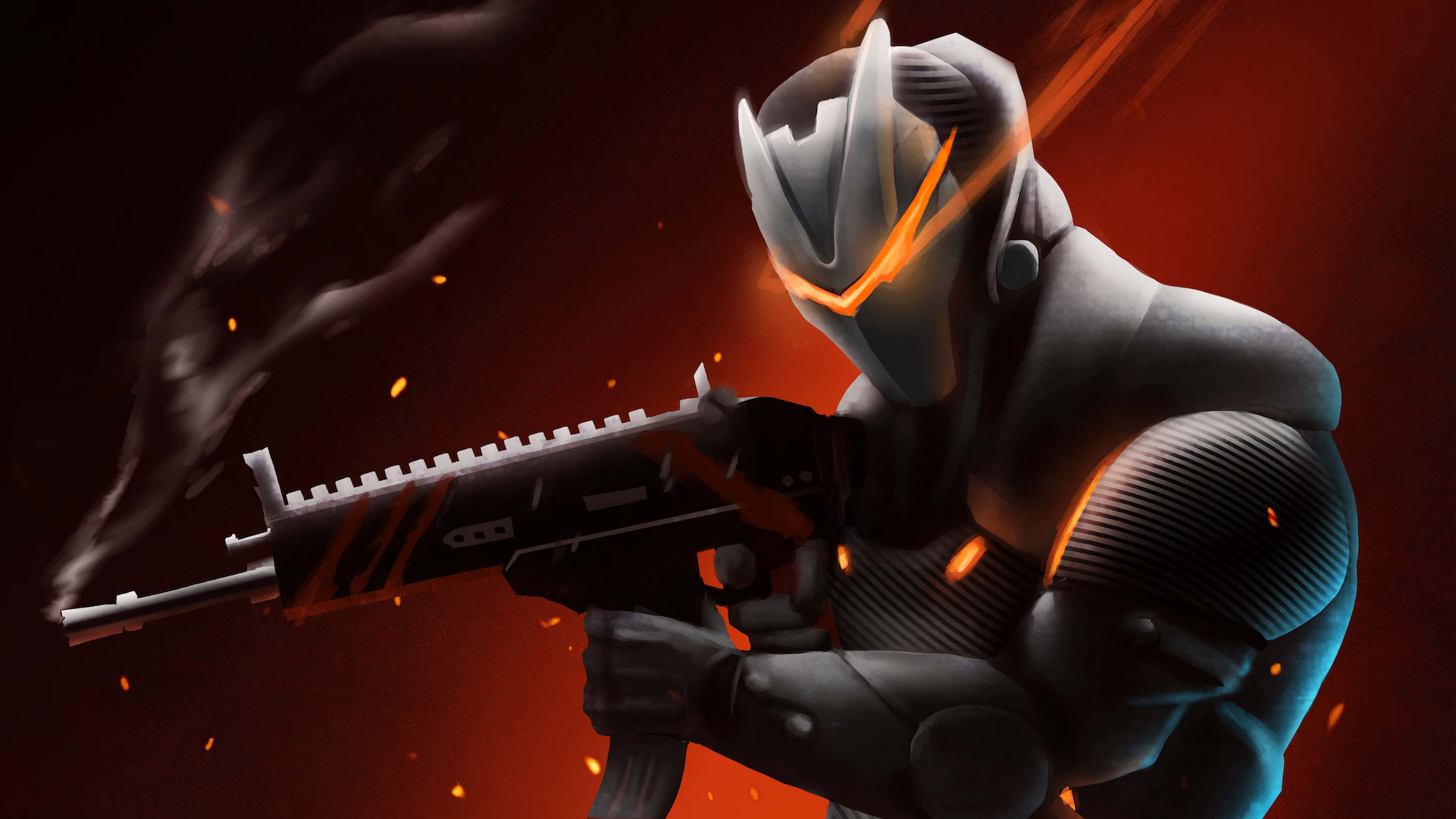 Fortnite Skins Battle Royale 桌布 壁紙 — 一名未來風格的裝甲戰士，擁有發光的橙色眼睛，在火花四濺的熾熱紅色背景下射擊步槍。