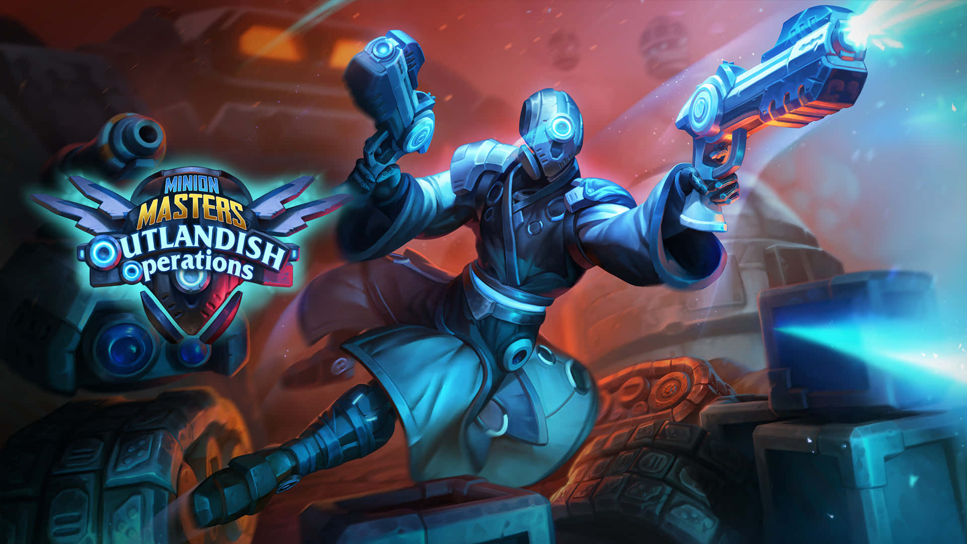 Moba Games 桌布 壁紙 — 一名未來風格的裝甲戰士動態跳躍，揮舞著兩把發光的藍色手槍，背景是火熱的橙色和藍綠色。