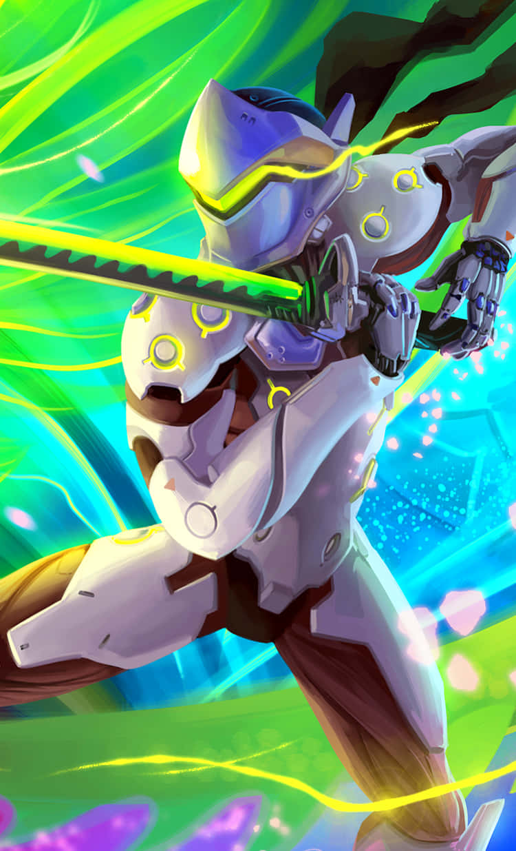 iPhone Xs Overwatch 桌布 壁紙 — 一名未來風格的裝甲戰士在充滿活力的綠色和藍色能量條紋中揮舞著發光的劍。