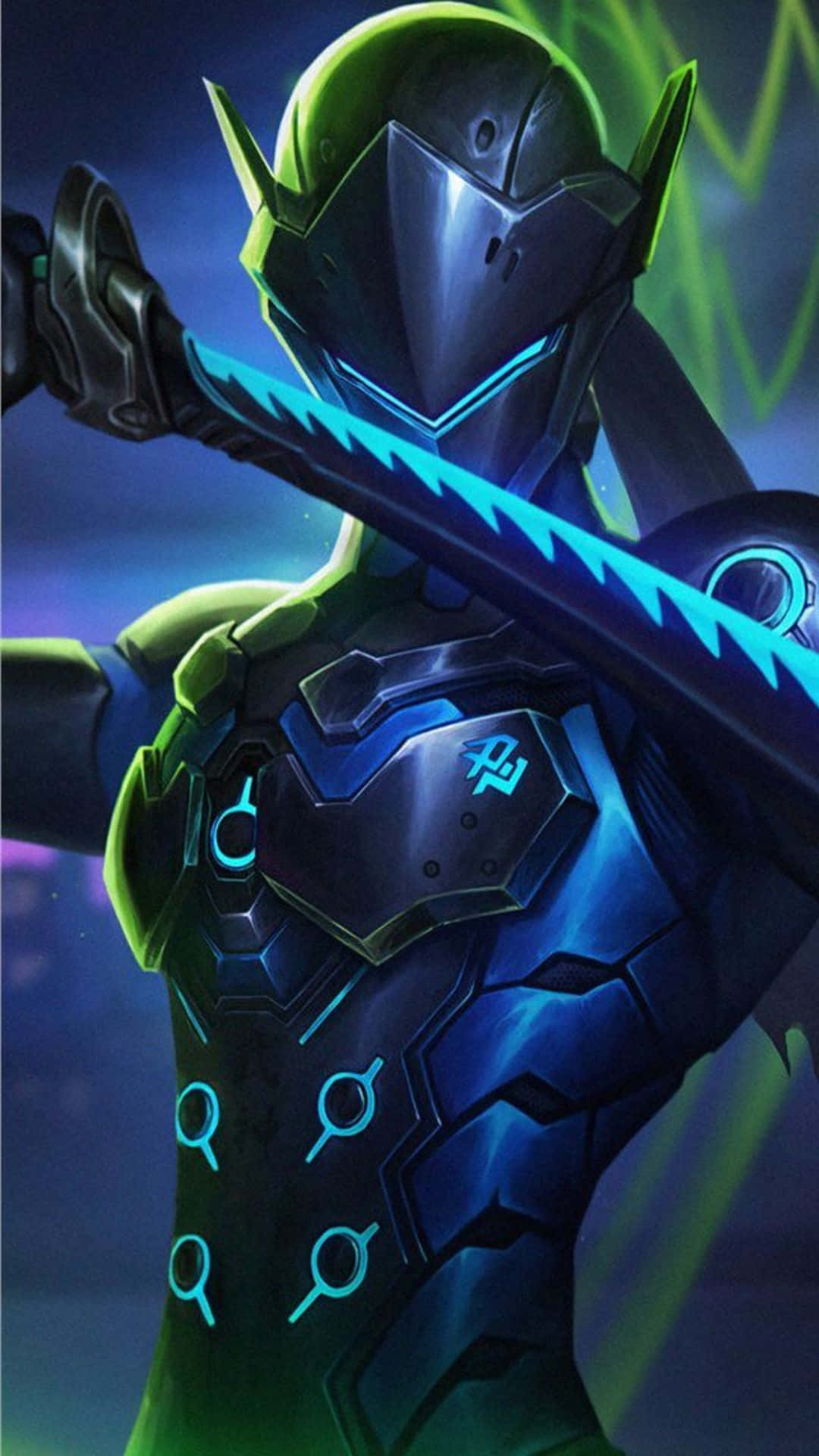 game 桌布 壁紙 — 一名未來風格的裝甲戰士在黑暗的霓虹燈背景下揮舞著發光的藍色劍。