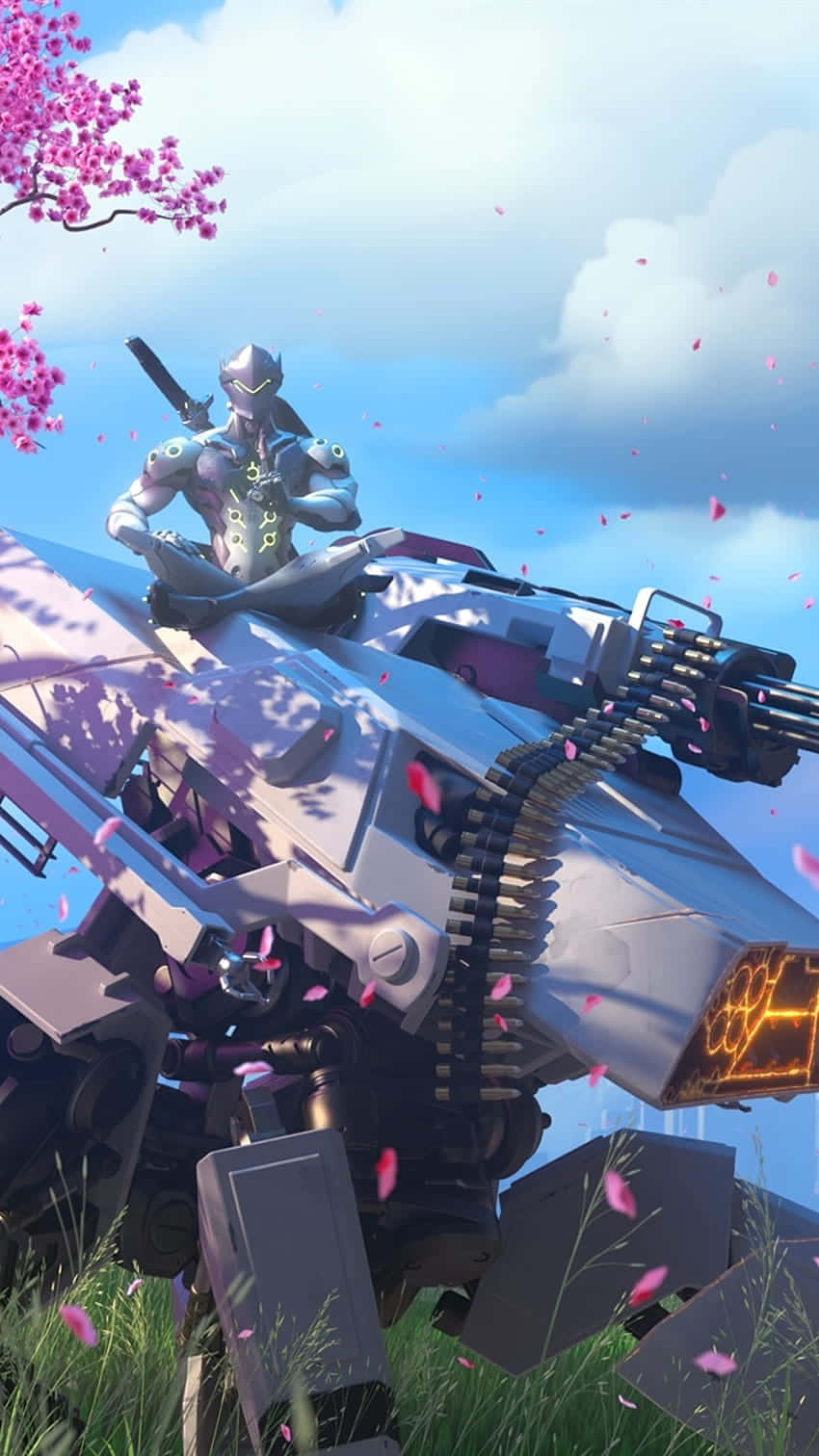 iPhone Xs Overwatch 桌布 壁紙 — 一名未來風格的裝甲戰士騎著巨型機甲，穿過草地，天空飄落櫻花。