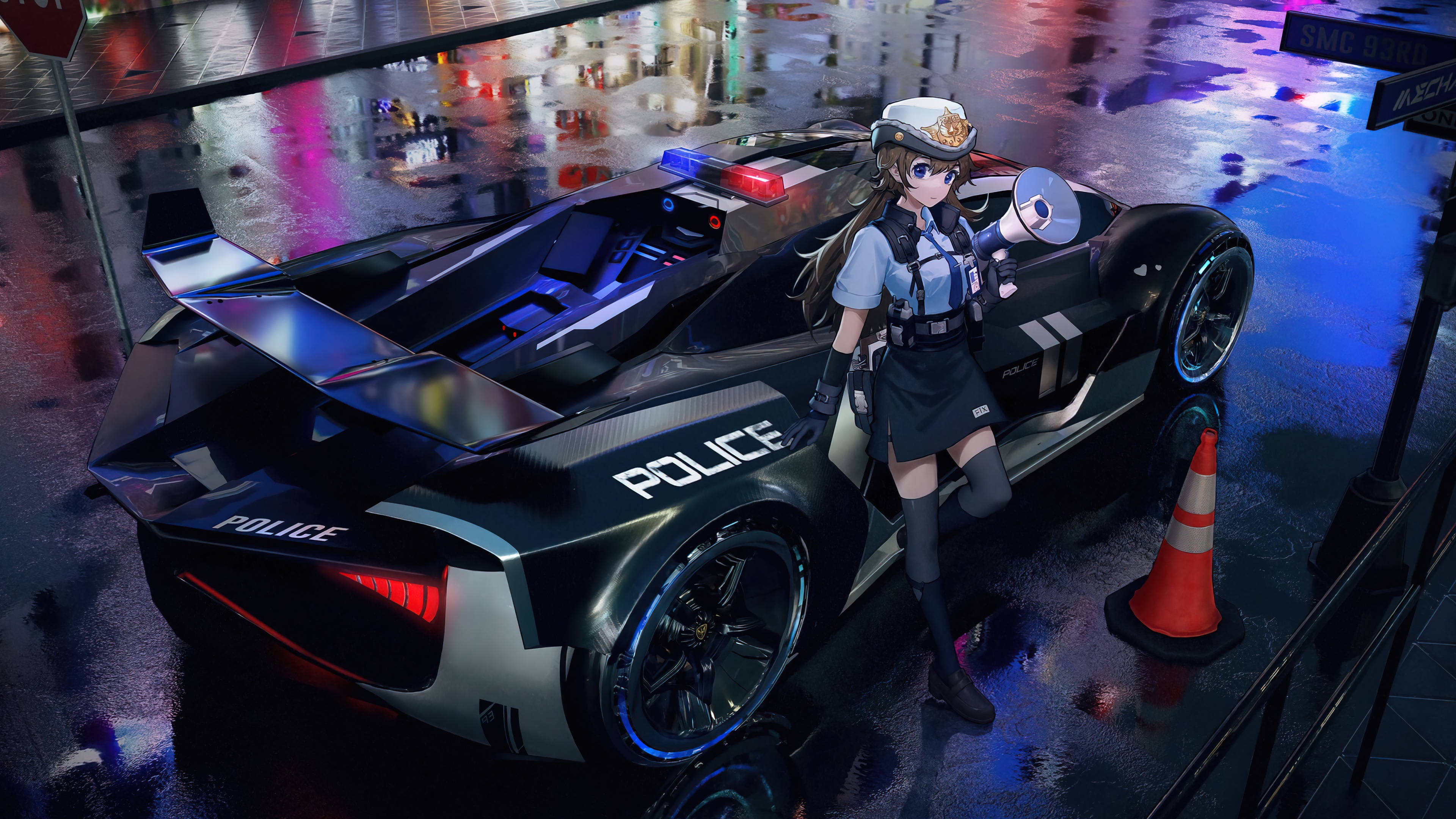動漫車 桌布 壁紙 — 一名未來風格的警察站在一輛時尚黑色巡邏車旁，身處霓虹燈閃爍的雨夜城市街道。