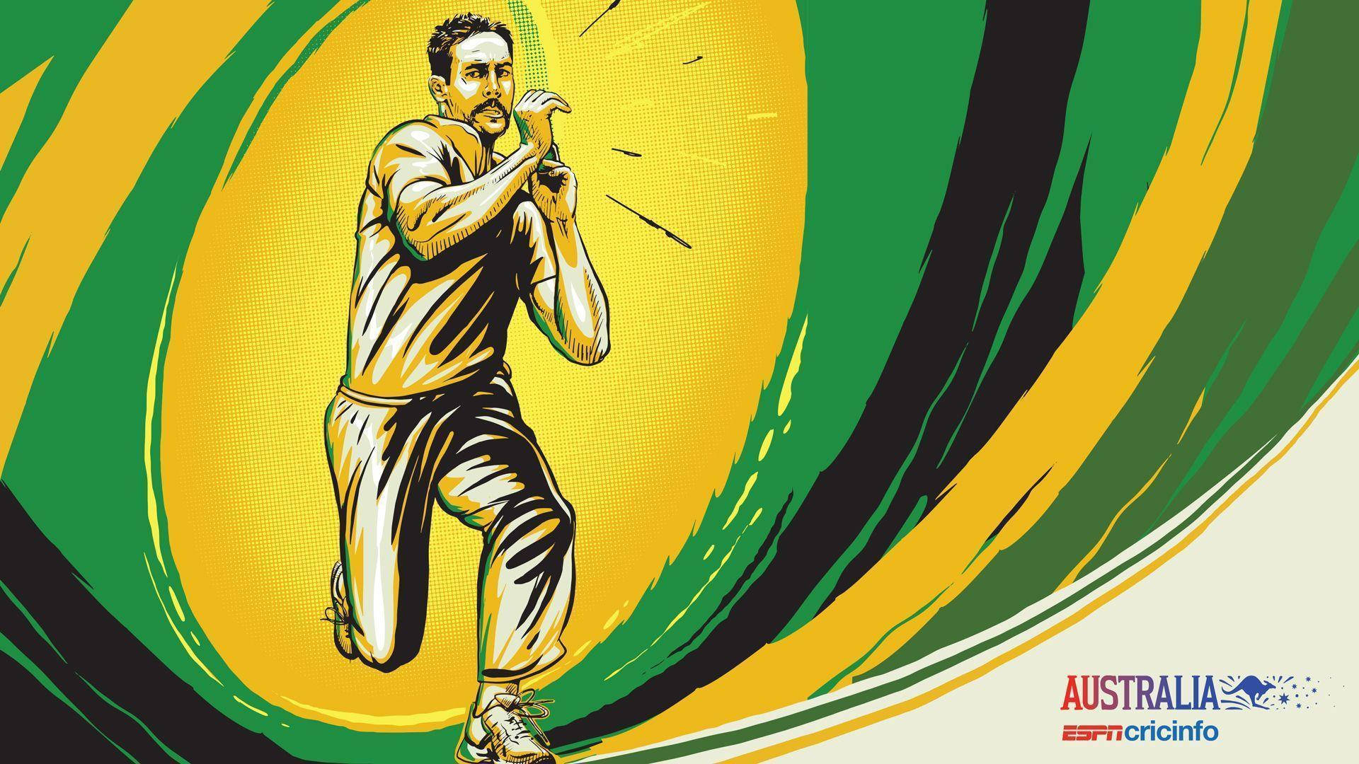 australia cricket 桌布 壁紙 — 一名板球運動員在旋轉的綠色和黃色背景上擺出動作姿勢，帶有半色調紋理。