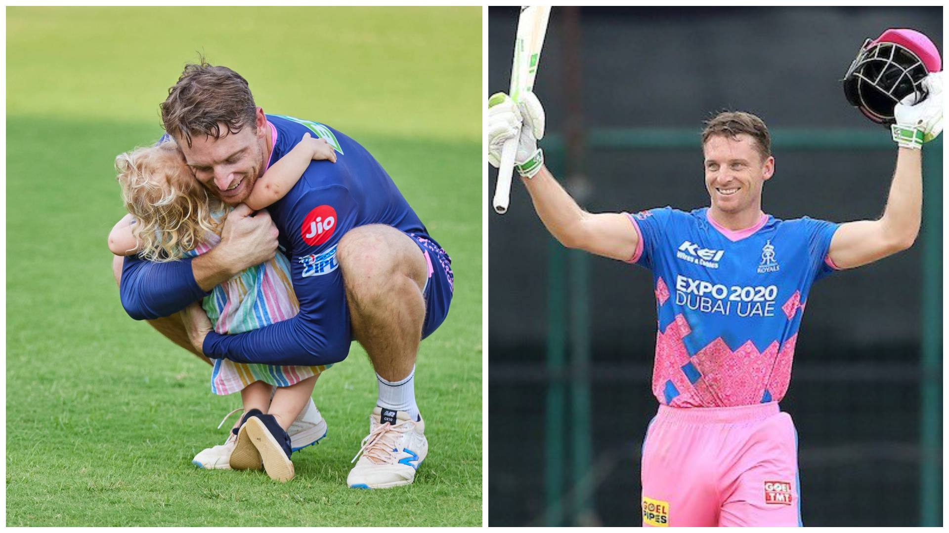 jos buttler 桌布 壁紙 — 一名板球運動員在綠色場地上擁抱一個孩子，而另一名運動員則穿著鮮豔的藍色和粉紅色制服，拿著球棒和頭盔慶祝。