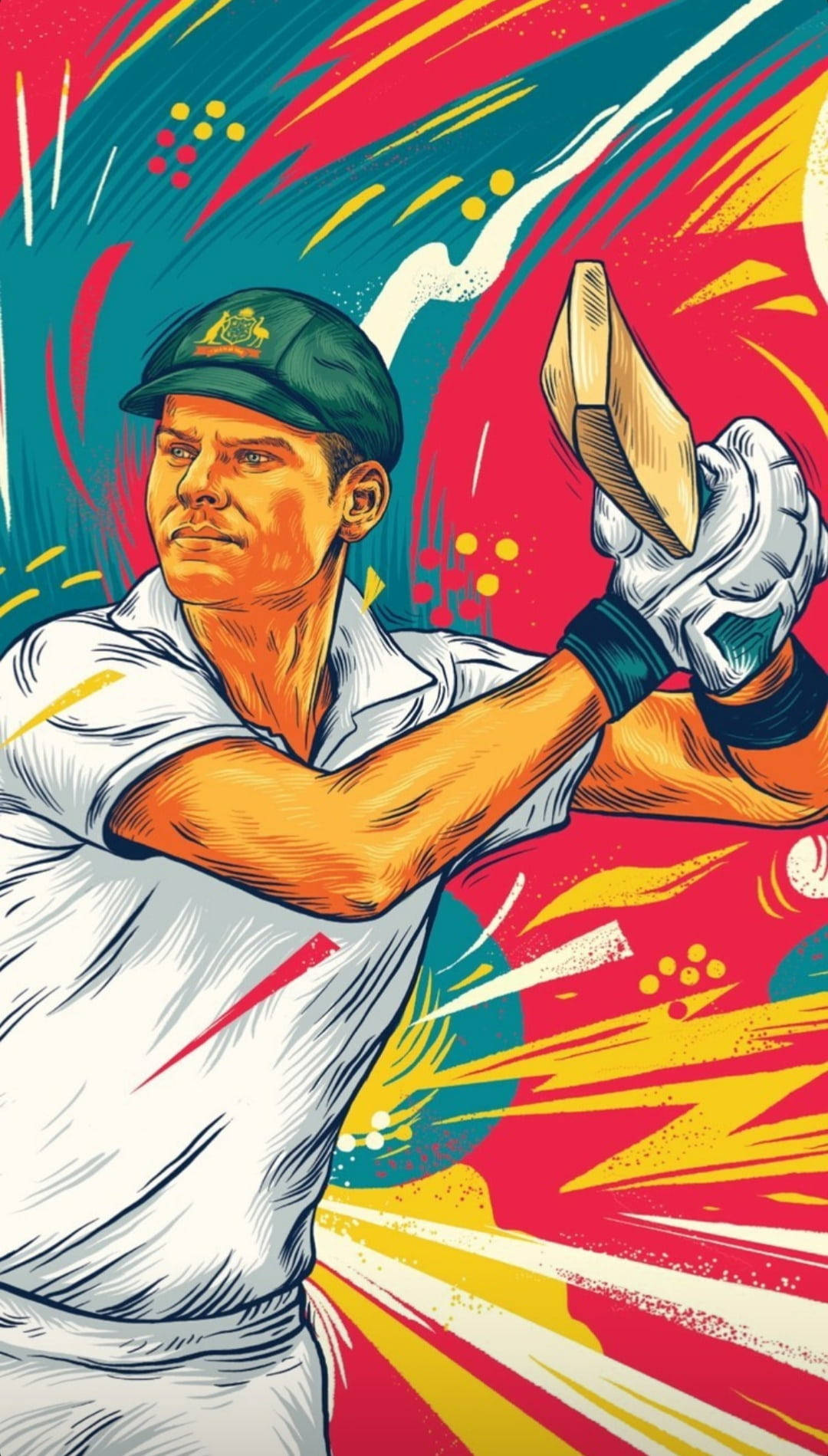 Steve Smith 桌布 壁紙 — 一名板球運動員正在揮動球棒，背景是充滿活力的抽象線條和圓點。