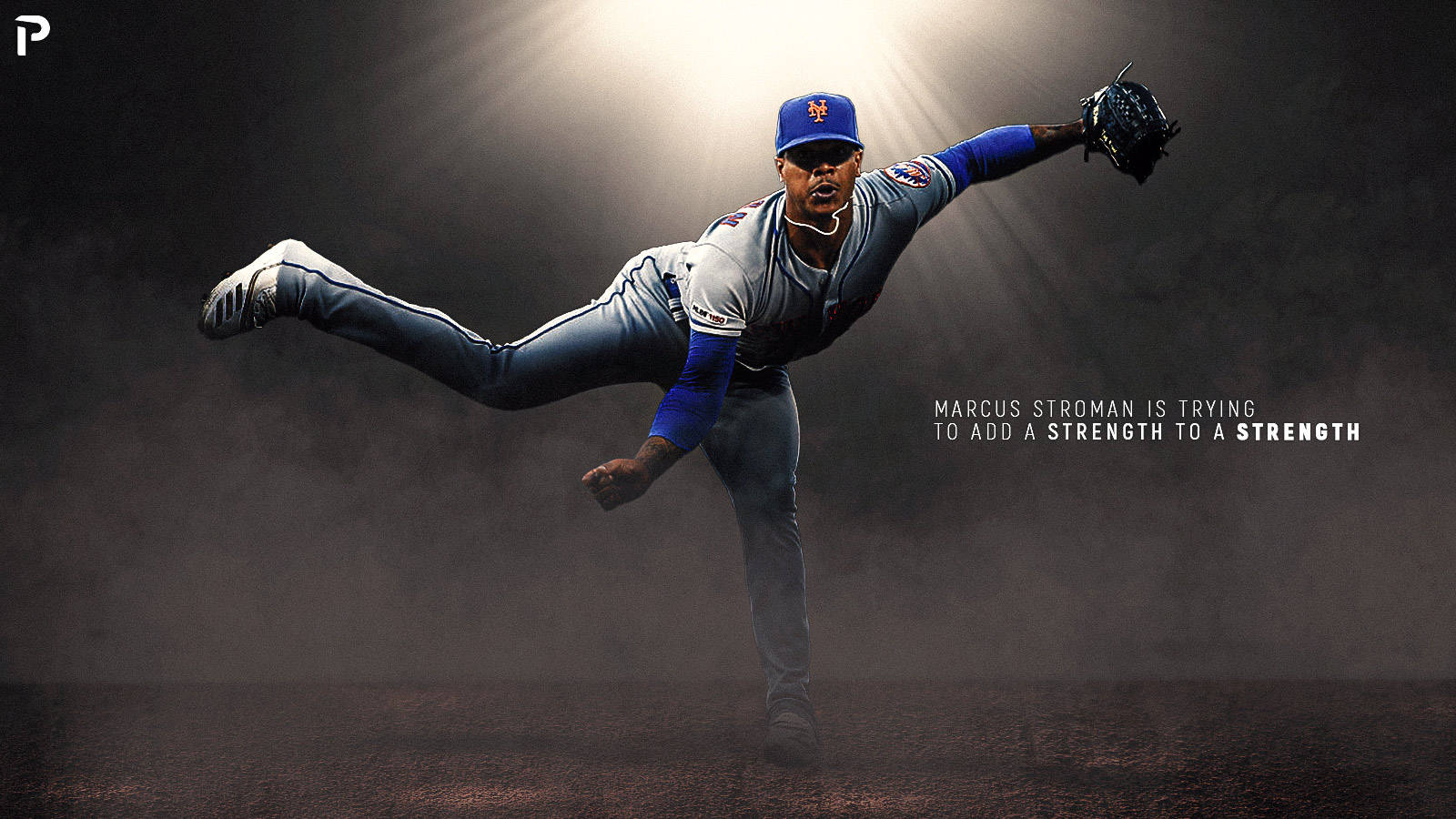 Marcus Stroman 桌布 壁紙 — 一名棒球投手在戲劇性的聚光燈光束下，以煙霧瀰漫的黑暗背景襯托，正在投球中。