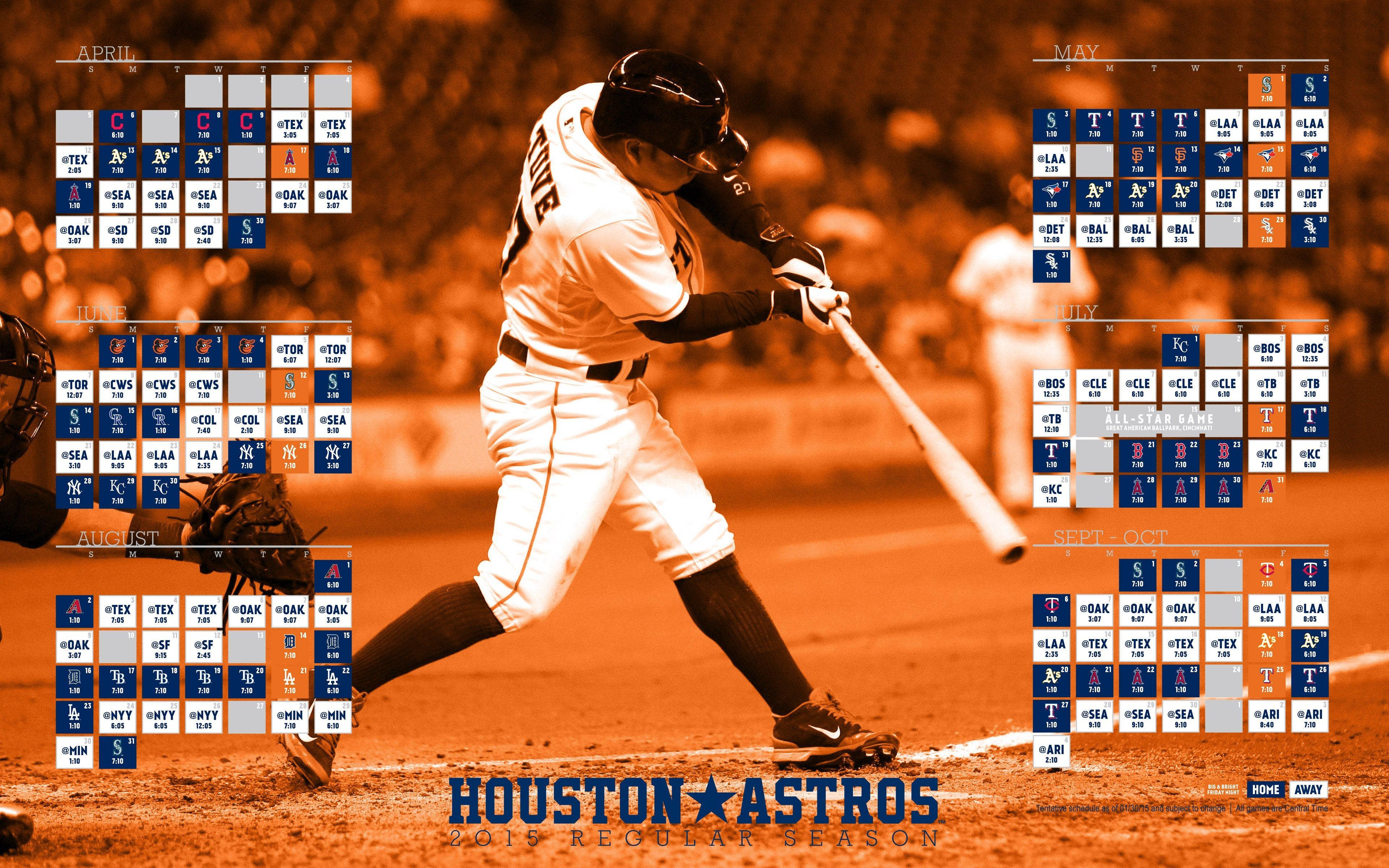 Astros 桌布 壁紙 — 一名棒球運動員在比賽中揮棒，並帶有懷舊色調的日曆疊加層，顯示休士頓太空人2019年賽程。