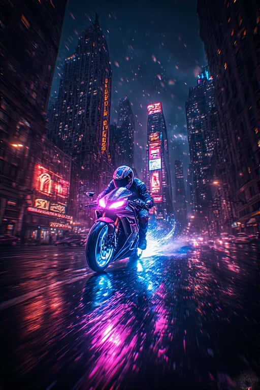 Neon Motorcycle Chase in Dark City Dynamic 4K 壁紙 — 一名機車手在夜晚高速駛過一條被霓虹燈照亮、雨水浸濕的城市街道，摩天大樓閃爍著鮮豔的粉紅色和藍色色調。