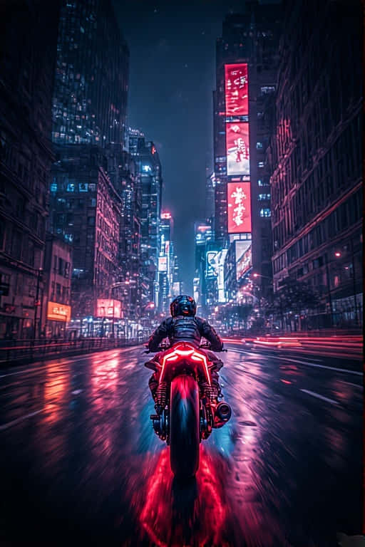 機車騎士在霓虹燈照亮的濕滑夜街上飛馳 — 4K 壁紙