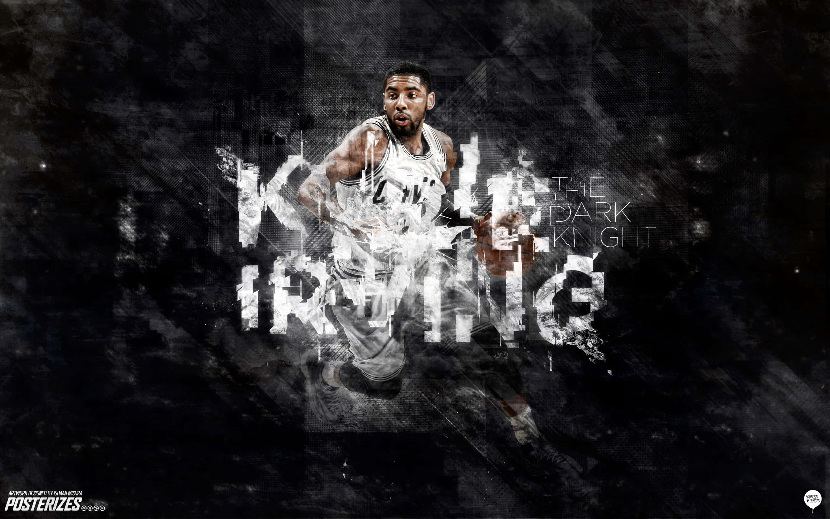 Kyrie Irving Cool 桌布 壁紙 — 一名正在移動的籃球運動員，在黑暗粗糙的背景上帶有粗體碎片化文字疊加效果。