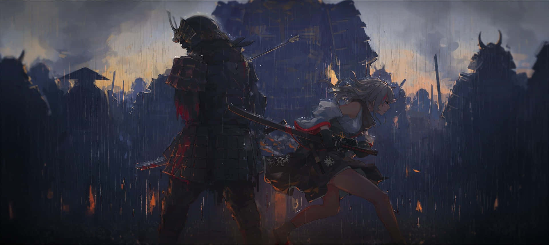 武士動畫 桌布 壁紙 — 一名武士和一名戰士在暴雨中、暴風雨的天空下交鋒，遠處有城堡的輪廓。