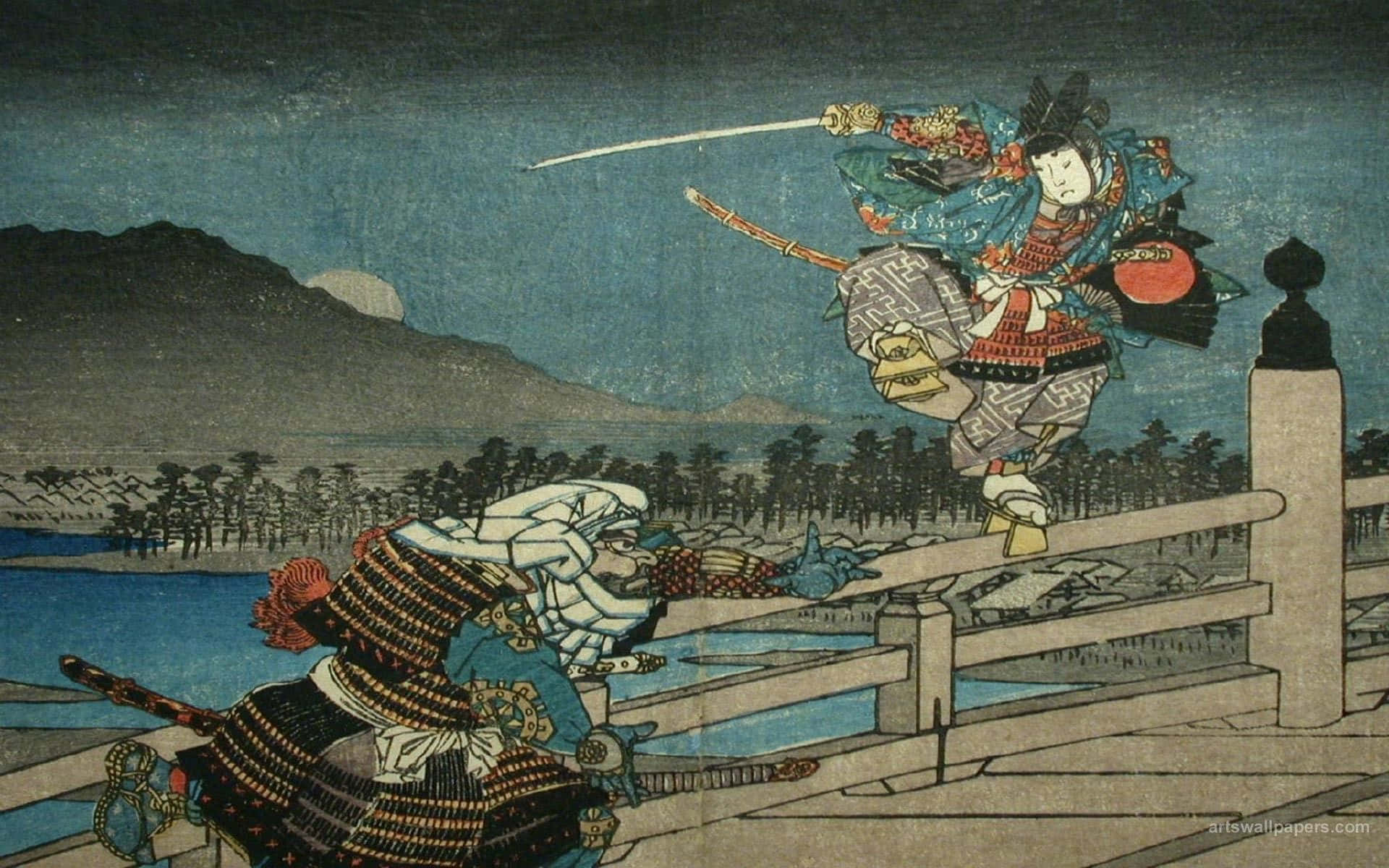桌布 壁紙 — 一名武士在夜間跳過木橋揮舞劍，而另一名穿著華麗盔甲的戰士在滿月下防守。