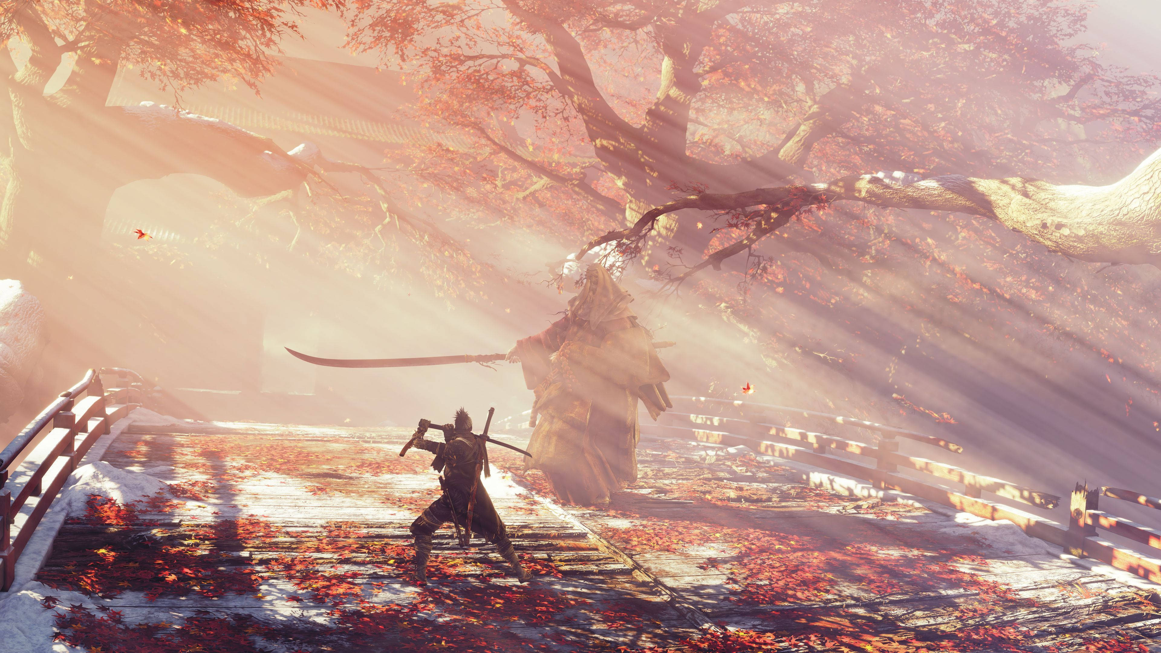 Samurai Art 桌布 壁紙 — 一名武士在巨大的楓樹下對峙著一個高聳的裝甲靈魂，楓樹閃耀著秋葉和金黃色的陽光。