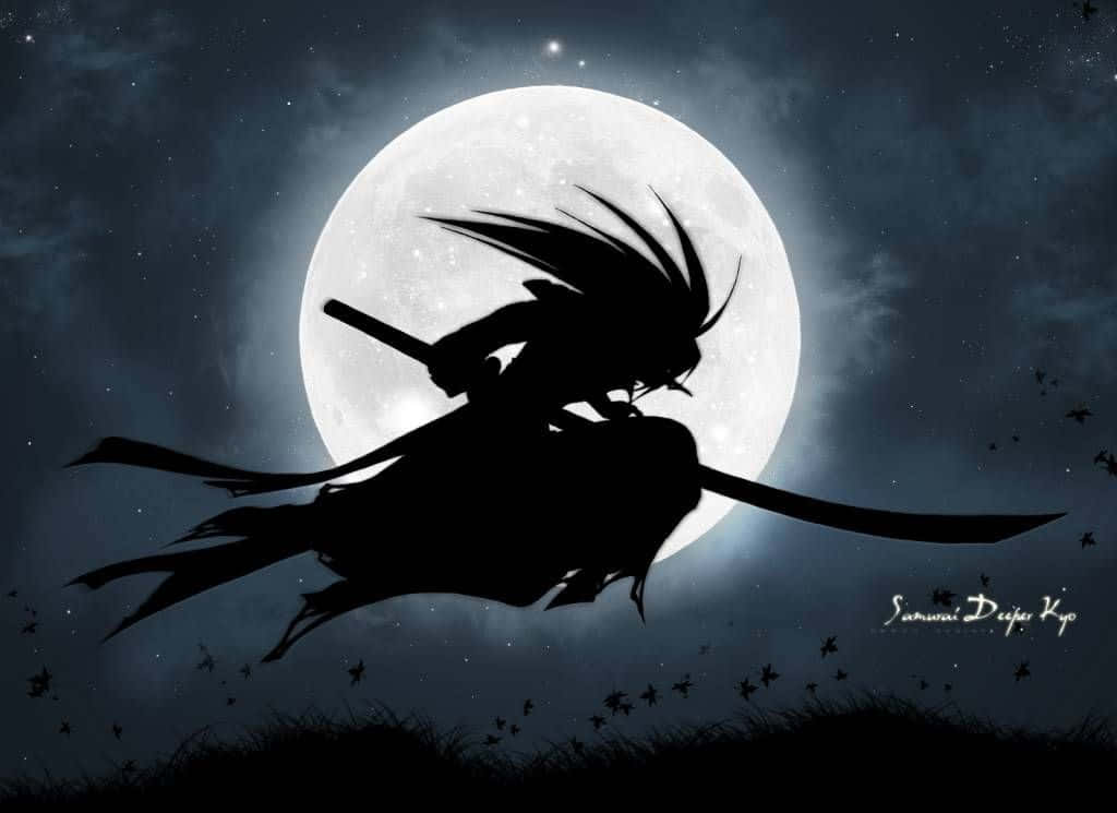 Samurai Art 桌布 壁紙 — 一名武士戰士以剪影姿態動態跳躍，映襯著巨大發光的月亮，背景是繁星點點的夜空。