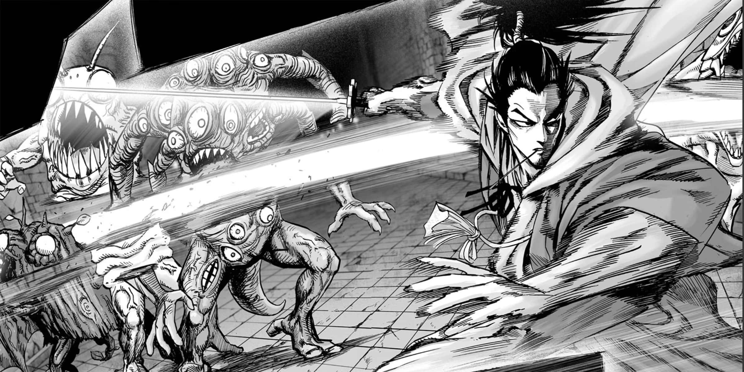 Atomic Samurai 桌布 壁紙 — 一名武士戰士在動態黑白漫畫面板中斬殺多眼怪獸。