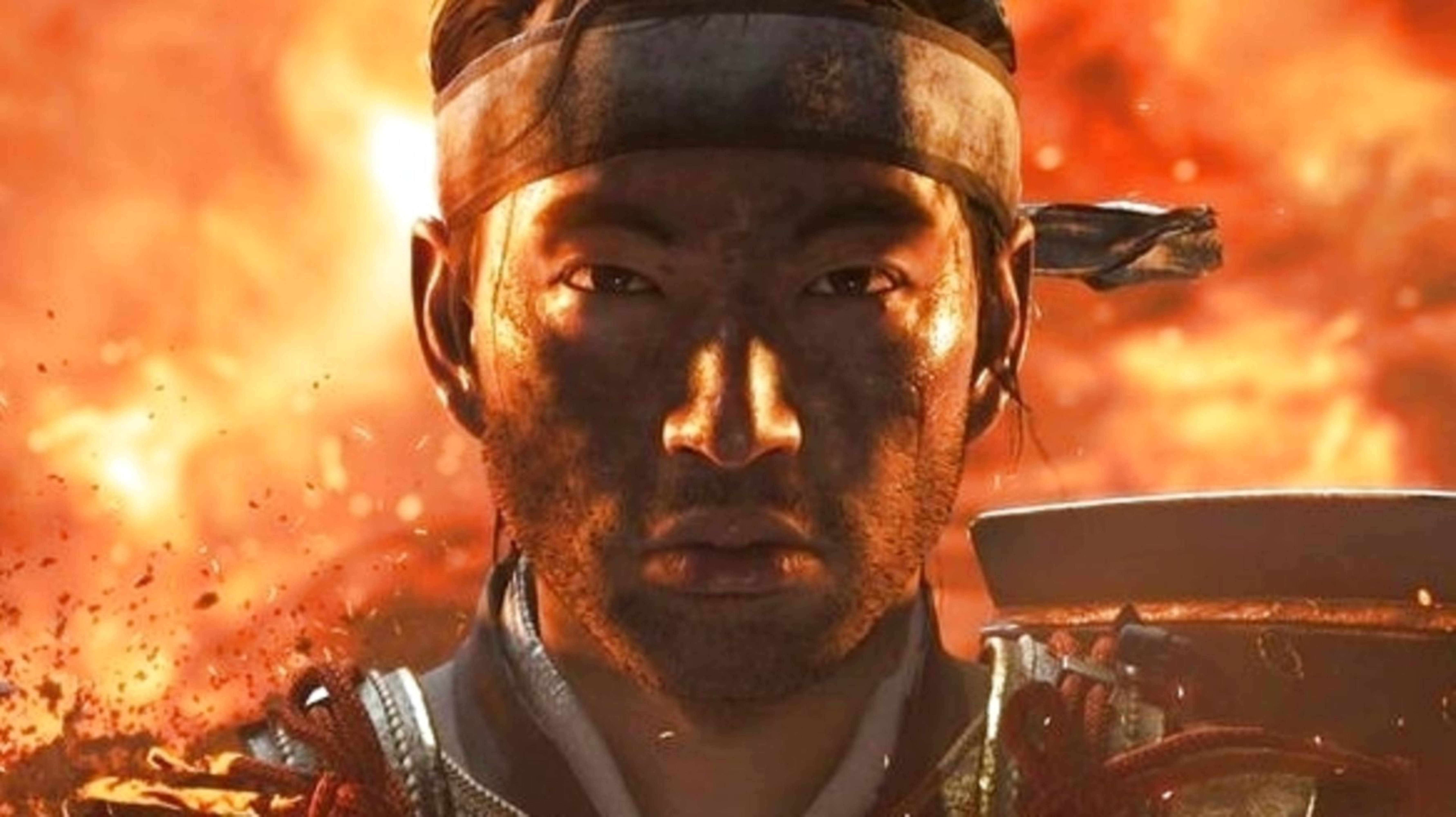 對馬戰鬼 桌布 壁紙 — 一名武士戰士在熾熱爆炸背景下，煙霧和碎片在他周圍旋轉，他凝視著前方。