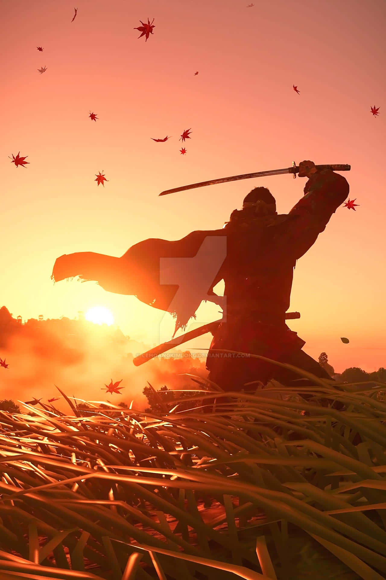 電玩遊戲 桌布 壁紙 — 一名武士戰士在熾熱的夕陽下以剪影站立，楓葉在他周圍飄揚，身處高草叢中。