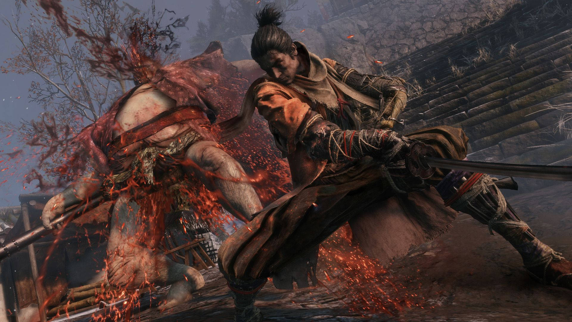 武士戰士在黑暗森林戰鬥中斬殺敵人，血花四濺。 — 隻狼：暗影雙死 壁紙
