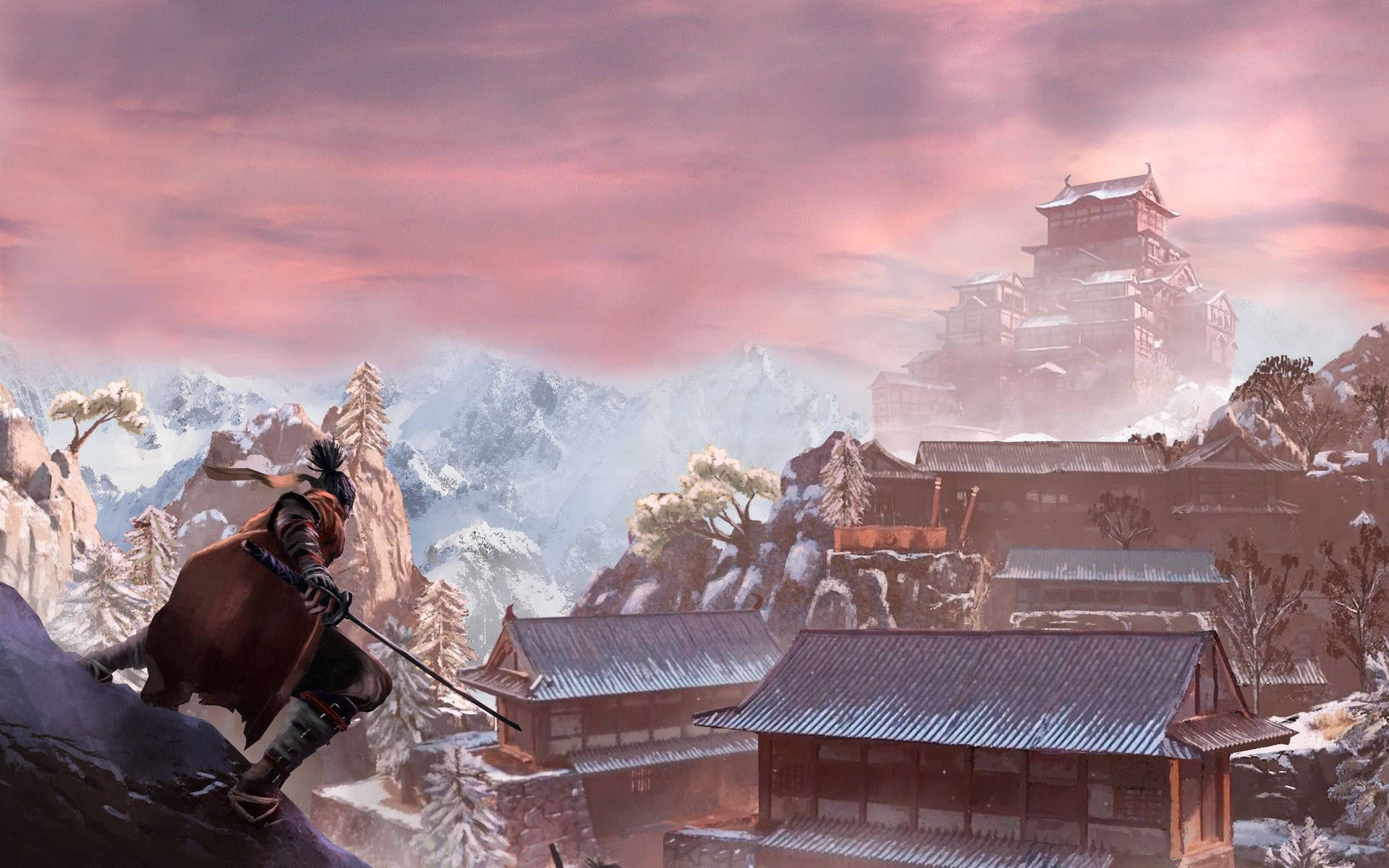 武士戰士在黃昏時分攀爬日本村莊上方的雪崖。 — 隻狼：暗影雙死 壁紙