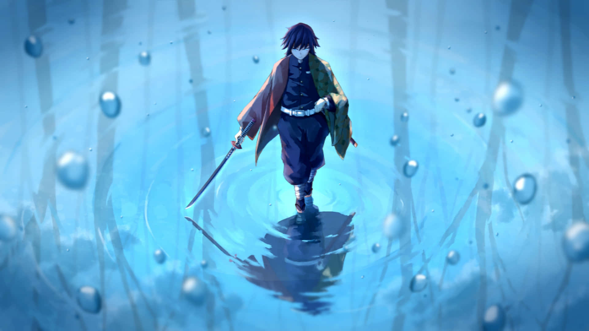  壁紙 — 一名武士戰士涉過冰冷的藍色水域，手持劍，漣漪在他倒影周圍擴散。