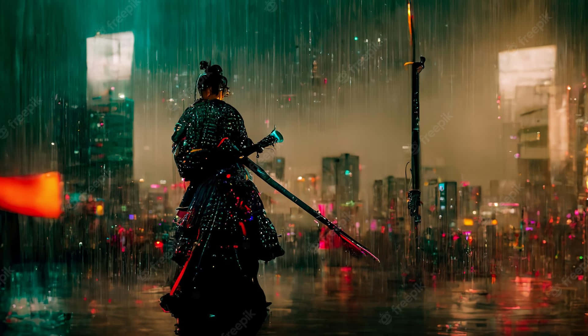 武士戰士在雨夜霓虹城市中持刀 — 下雨 GIF 壁紙