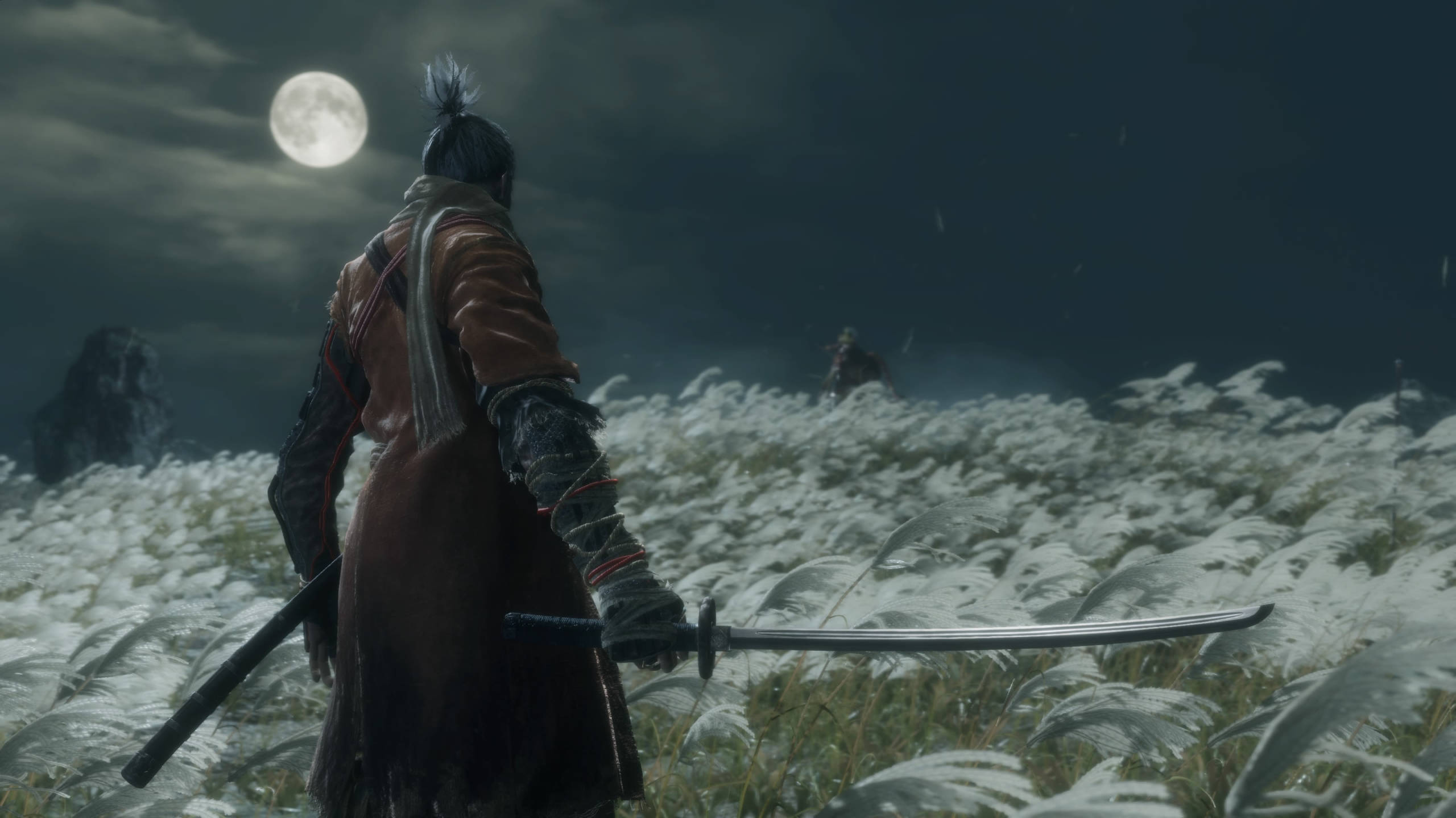 Sekiro 桌布 壁紙 — 一名武士戰士站在月光照耀的高草田野中，在滿月下面對敵人。