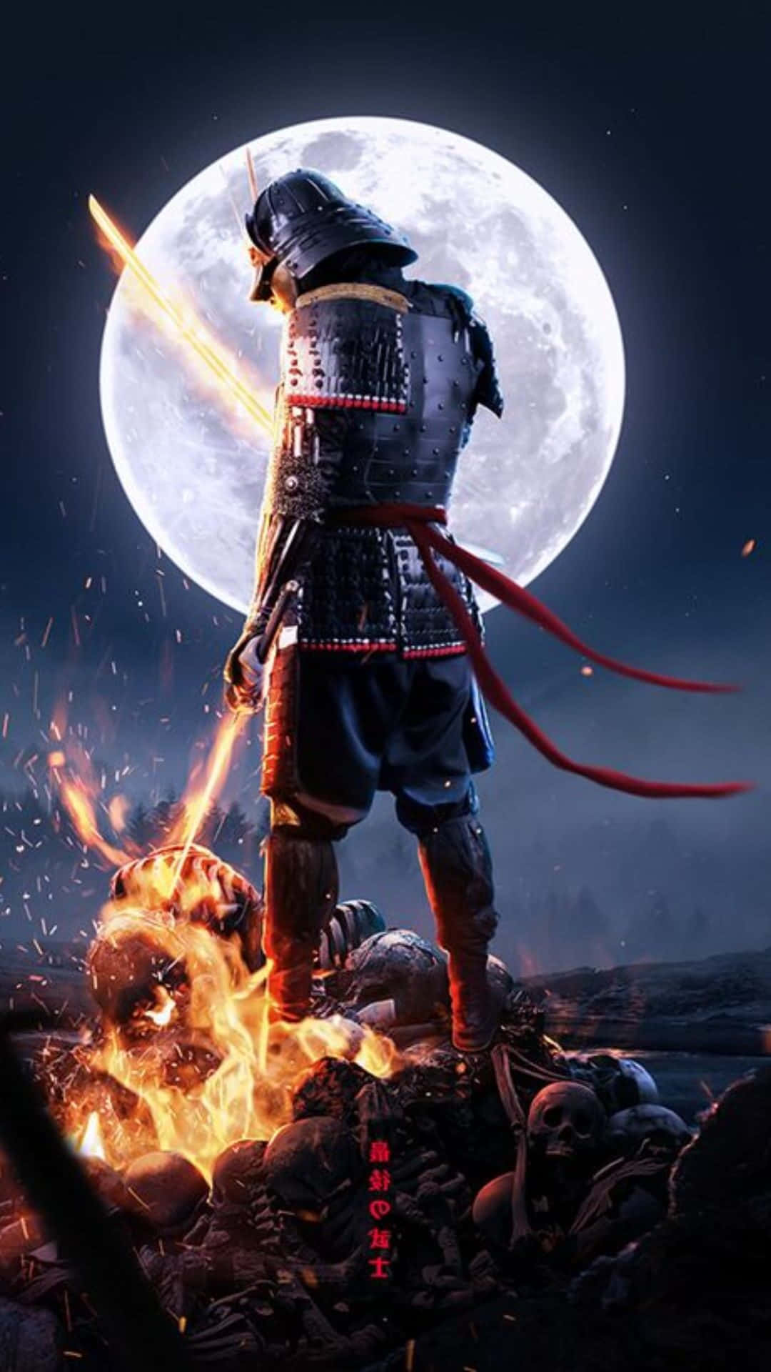 月光 桌布 壁紙 — 一名武士戰士站在頭骨和火焰之上，在巨大的滿月下手持發光的劍。