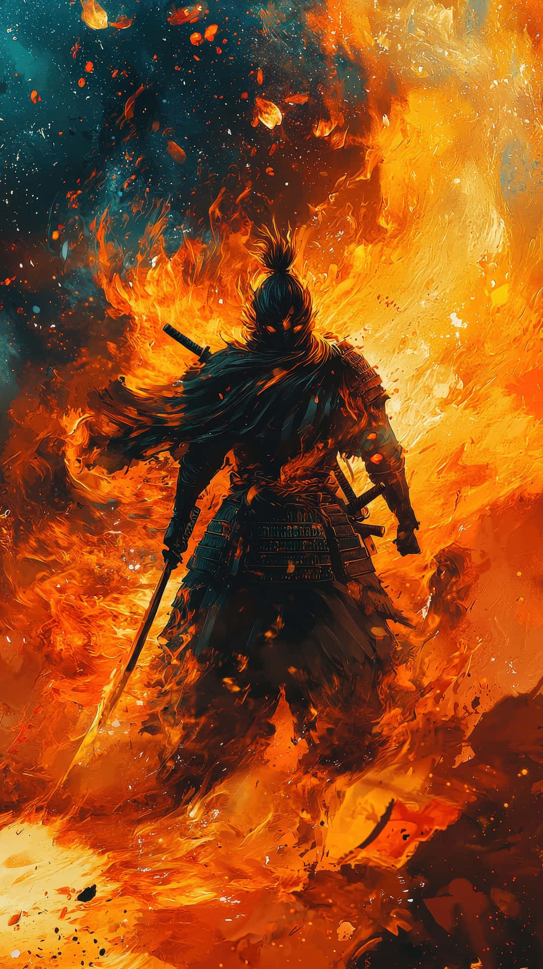 Fearless warrior in black samurai armor standing amid raging flames 壁紙 — 一名武士戰士背對著咆哮的橙色火焰，站在深藍綠色的天空下，周圍有餘燼飄浮。