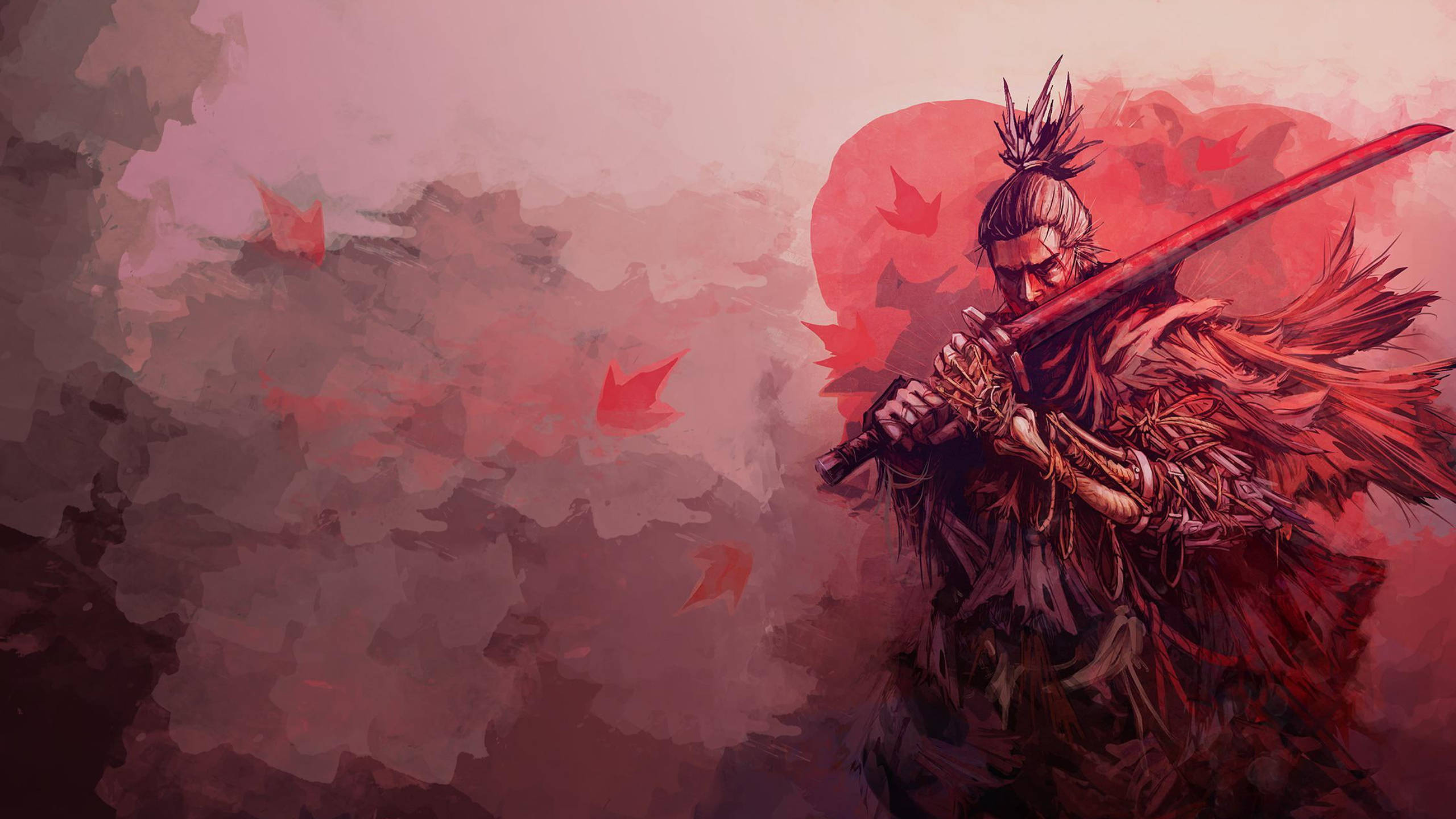Sekiro 桌布 壁紙 — 一名武士手持紅色劍，站在深紅天空下飄落的楓葉中。
