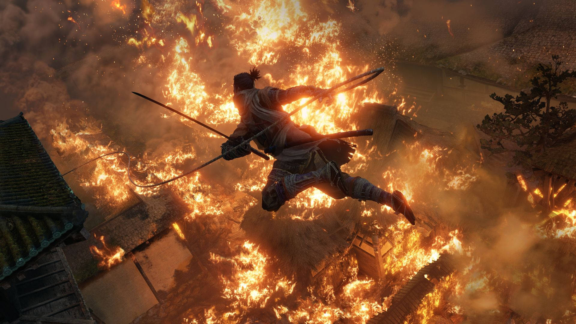 武士在夜間跳過燃燒的村莊。 — 隻狼：暗影雙死 壁紙