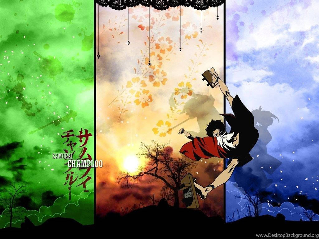 Samurai Champloo 桌布 壁紙 — 一名武士跳過一幅三聯畫，畫面充滿活力，展現綠色迷霧、橙色夕陽和藍天，伴有飄落的櫻花。