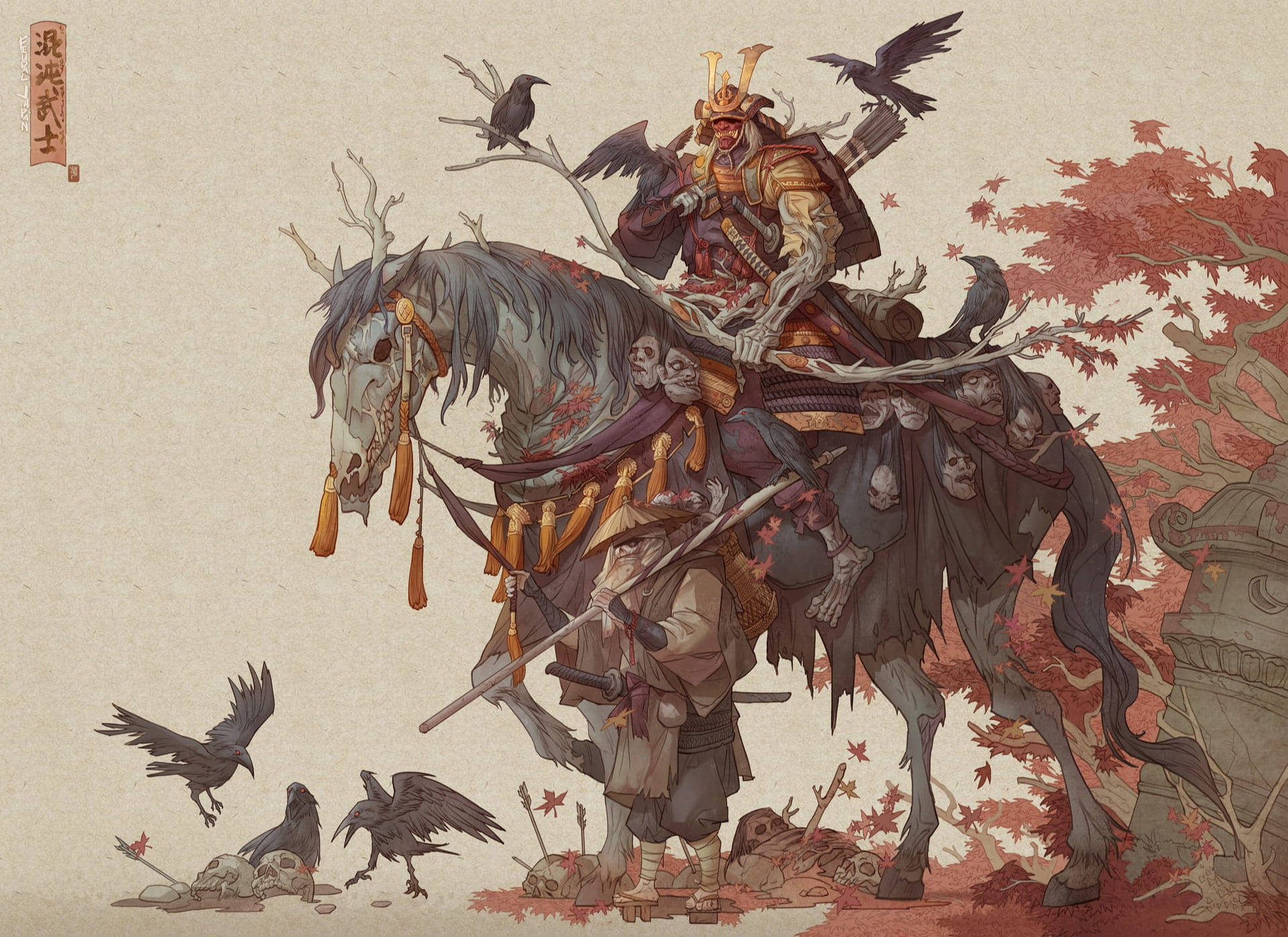 日式藝術 桌布 壁紙 — 一名武士騎著骷髏馬穿過秋葉，烏鴉聚集在頭骨和落箭周圍。