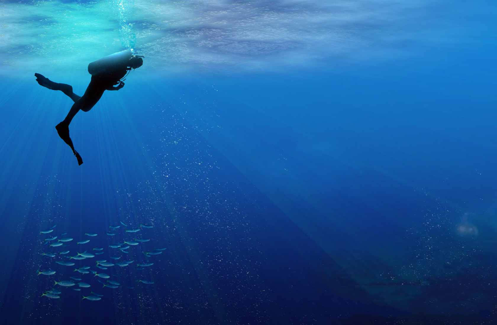 海洋 桌布 壁紙 — 一名水肺潛水員在深藍色海洋中滑行，陽光照射下來，魚群在下方游動。