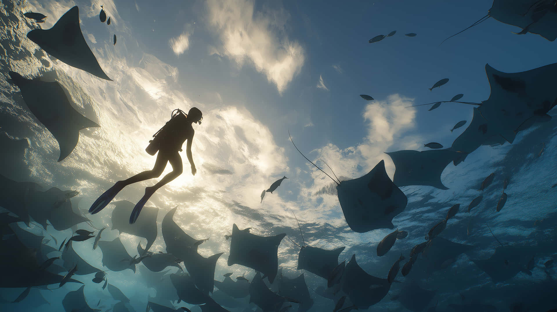 Underwater Diver with Majestic Manta Rays in Ocean 壁紙 — 一名水肺潛水員在陽光照射的雲層襯托下，在水中與一群蝠鱝一起游泳。
