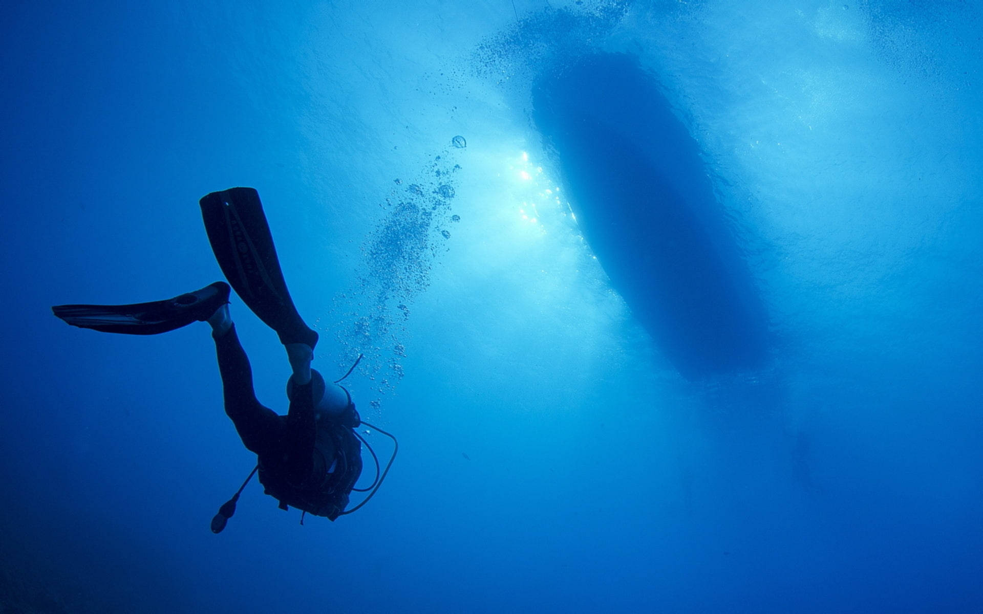 diving 桌布 壁紙 — 一名水肺潛水員在陽光照耀的藍色海水中，靠近一艘沉沒的船隻，伴隨著上升的氣泡向上浮升的剪影。