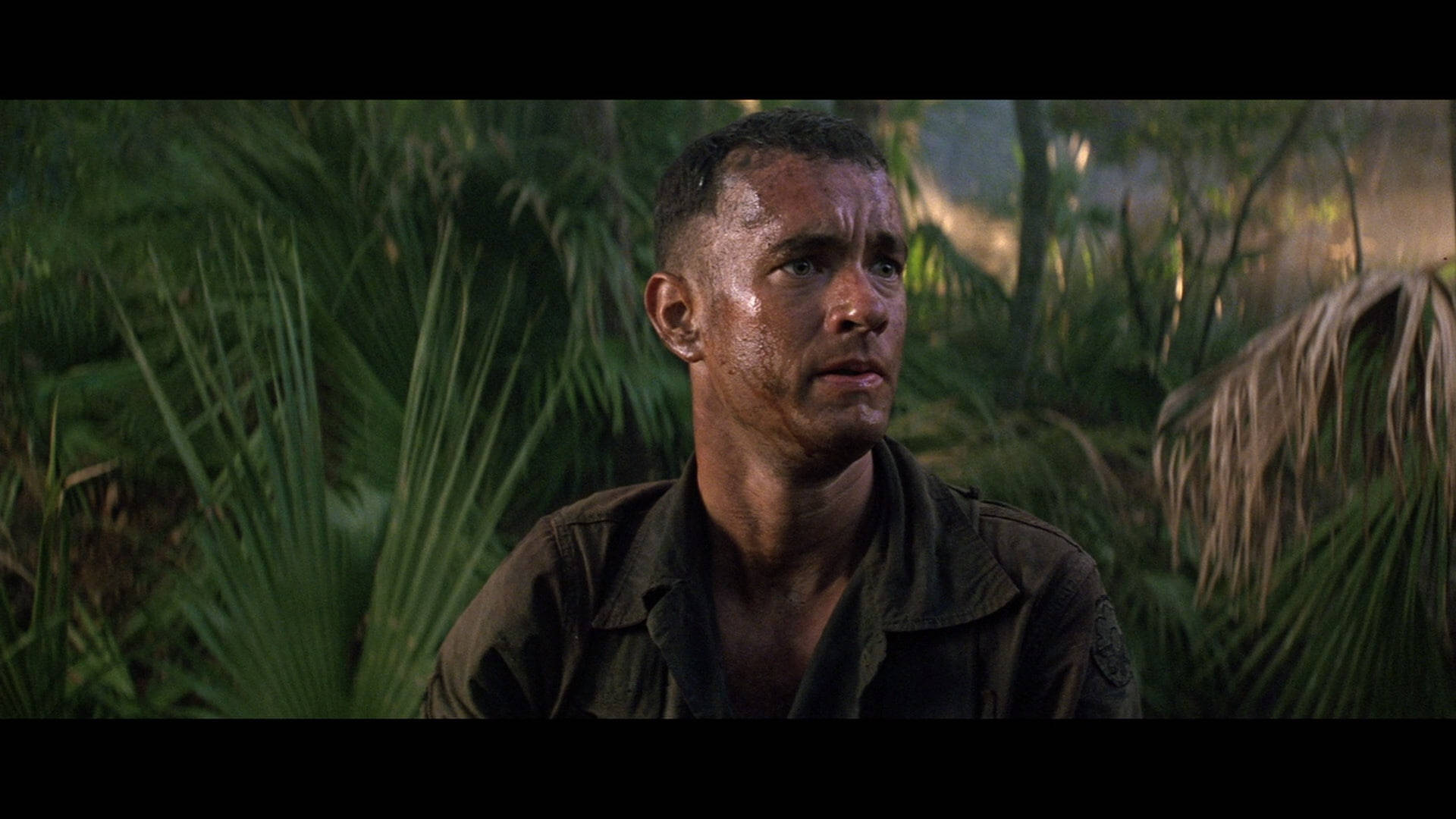 forrest 桌布 壁紙 — 一名汗流浹背的士兵在叢林環境中，在斑駁的陽光下帶著疲憊的表情望向鏡頭外。