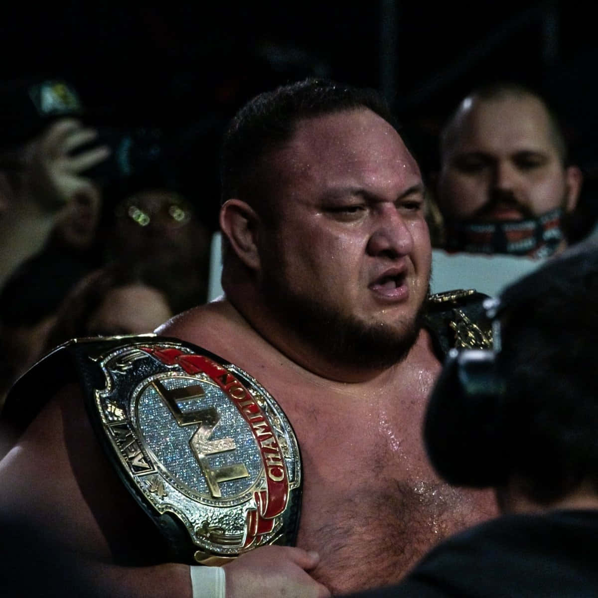 WWE 桌布 壁紙 — 一名汗流浹背的摔角手拿著冠軍腰帶，在明亮的場館燈光下，背景是模糊的人群，激烈地大喊。