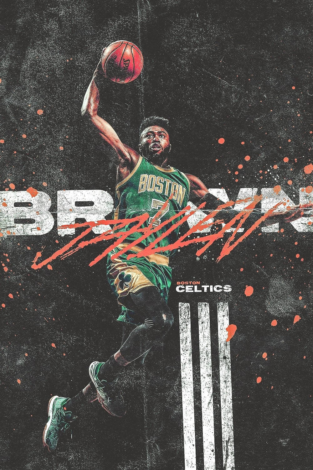 Jaylen Brown 桌布 壁紙 — 一名波士頓塞爾提克籃球運動員在半空中灌籃，帶有動態橙色飛濺效果，背景為粗糙的黑色。