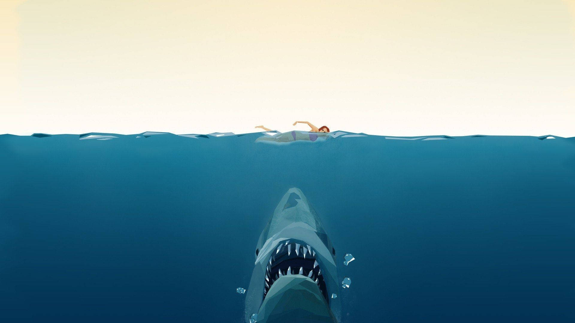 Jaws 桌布 壁紙 — 一名泳者平靜地漂浮在水面上，而一條巨大的鯊魚張開嘴巴潛伏在下方。