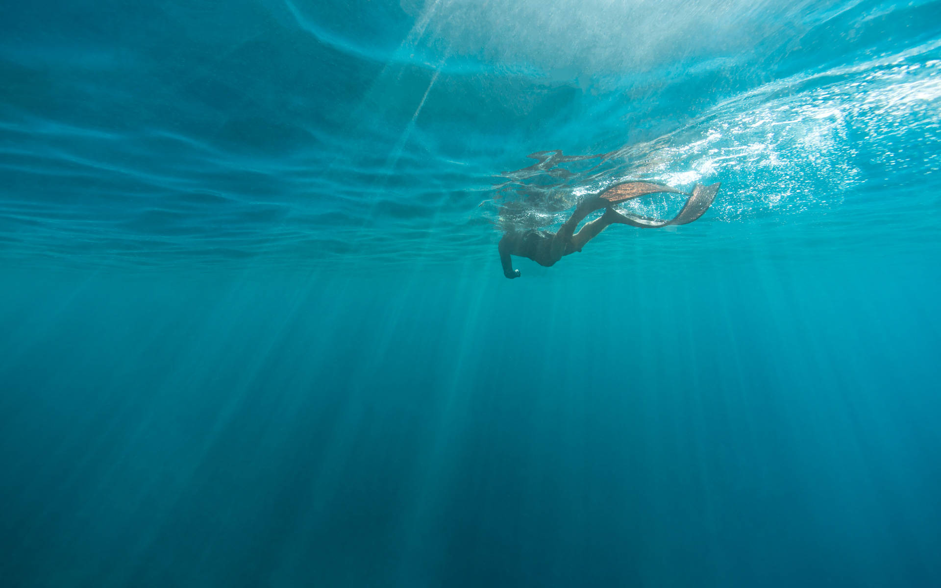 Swimming 桌布 壁紙 — 一名浮潛者在清澈碧綠的海水中滑行，陽光從水面照射下來。