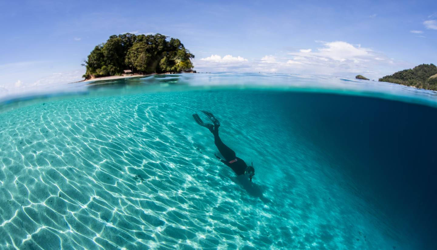Swimming 桌布 壁紙 — 一名浮潛者在清澈碧綠的海水中滑行，遠處一座鬱鬱蔥蔥的綠色島嶼在明亮的藍天下聳立。