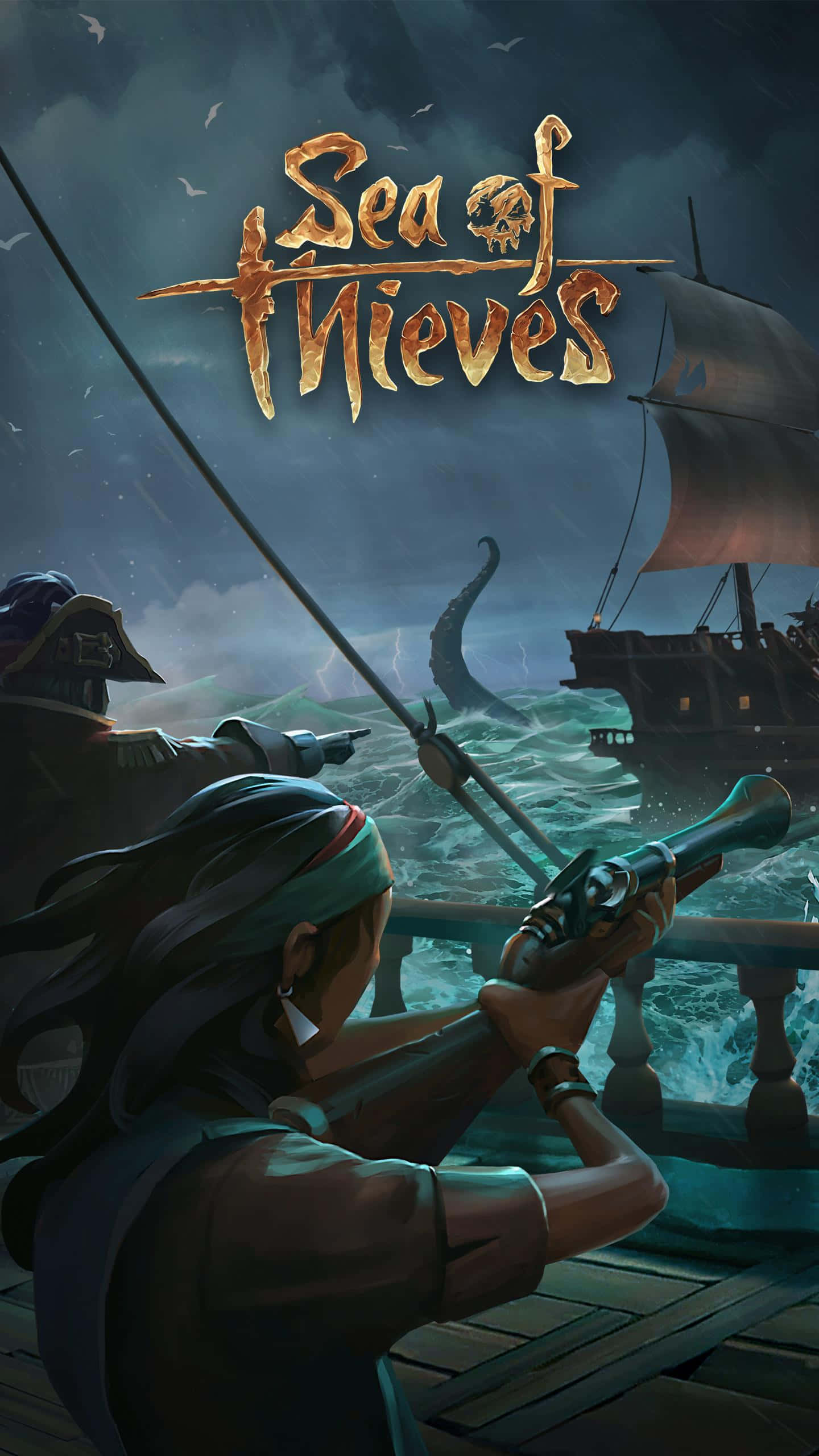 Sea Of Thieves Phone 桌布 壁紙 — 一名海盜在船甲板上用一把手槍瞄準，一條巨大的海蛇在黑暗的天空下從暴風雨中升起。