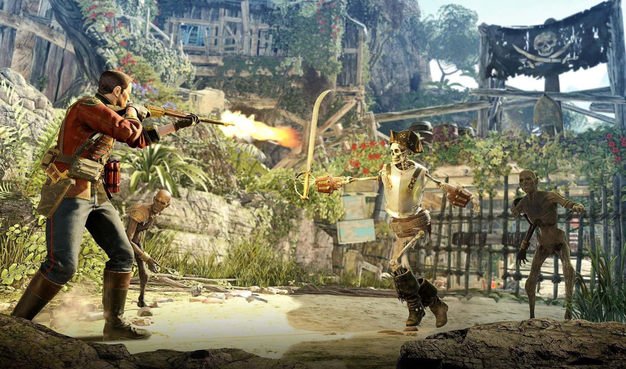 2440x1440 Strange Brigade 桌布 壁紙 — 一名海盜戰士在茂密的叢林廢墟中向骷髏海盜開槍，旁邊有骷髏旗。