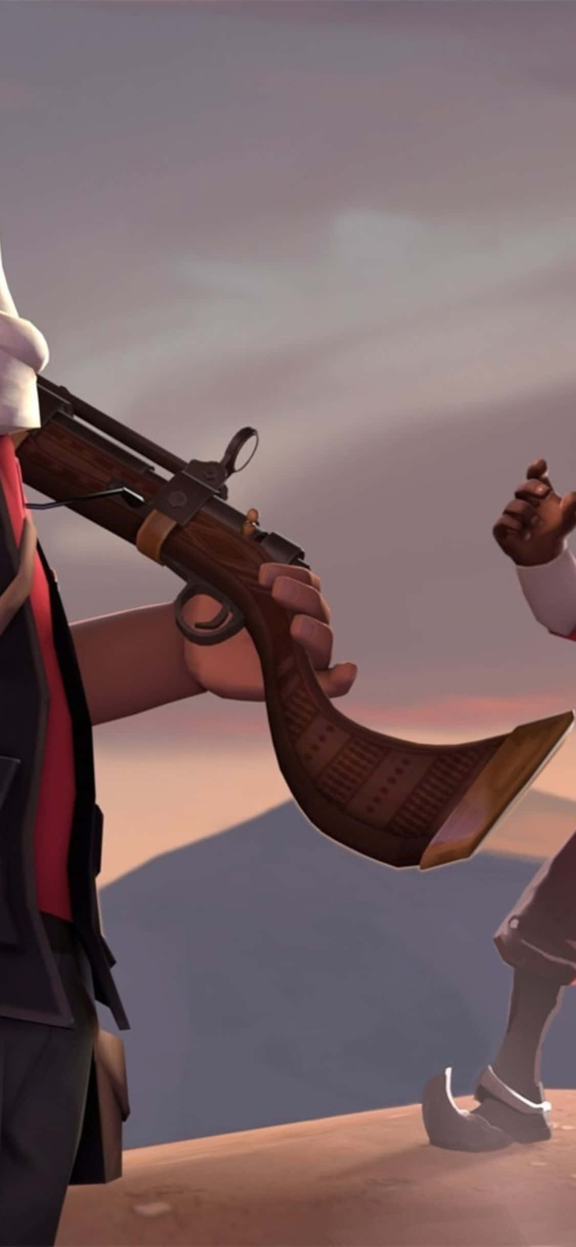 iPhone Xs Team Fortress 2 桌布 壁紙 — 一名海盜手持燧發手槍，對著昏暗的天空，附近有另一個人影在打手勢。