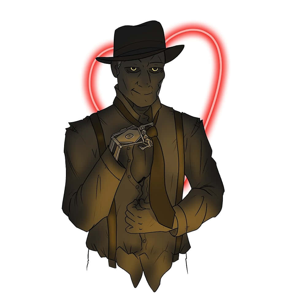 Nick Valentine 桌布 壁紙 — 一名深色皮膚、戴著軟呢帽和棕色西裝的男子，手持一個錢夾，身後有一個發光的紅色心形。