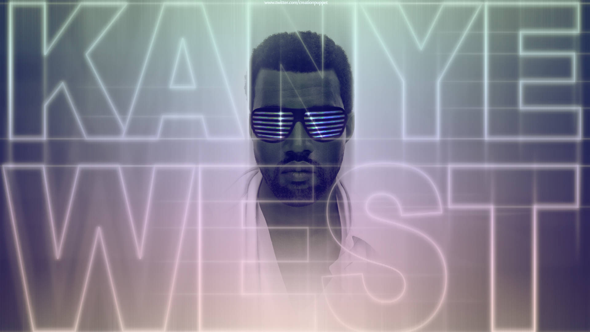 Kanye 桌布 壁紙 — 一名深色頭髮、戴著發光藍色條紋太陽眼鏡的男子，站在一個由霓虹燈勾勒出的字母組成的網格前，這些字母拼出「KANYE WEST」，籠罩在未來數位迷霧中。