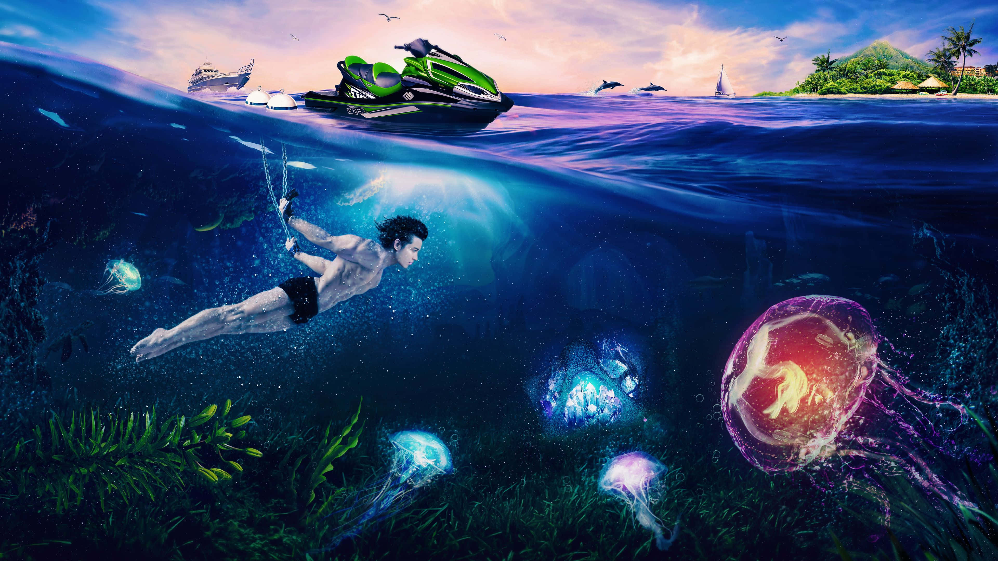4K Jellyfish 桌布 壁紙 — 一名游泳者在發光水母間滑行，靠近充滿活力的海底珊瑚礁，同時水上摩托車在水面疾馳。